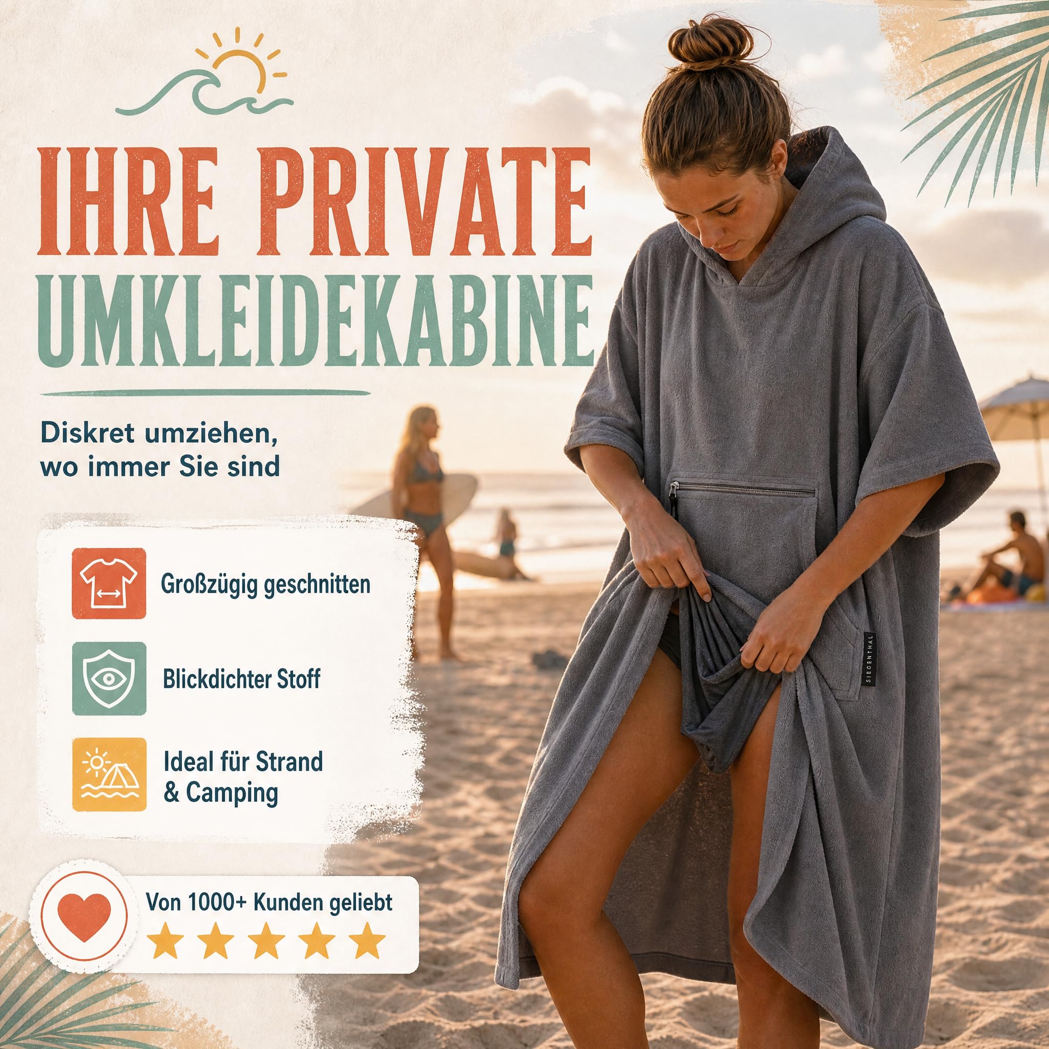 Strandponcho für Damen, Herren & Kinder – Badeponcho aus 100% Baumwolle, Surfponcho zum Umziehen mit Kapuze & Tasche für Strand, Sauna & Pool, Dunkelgrau, S/M