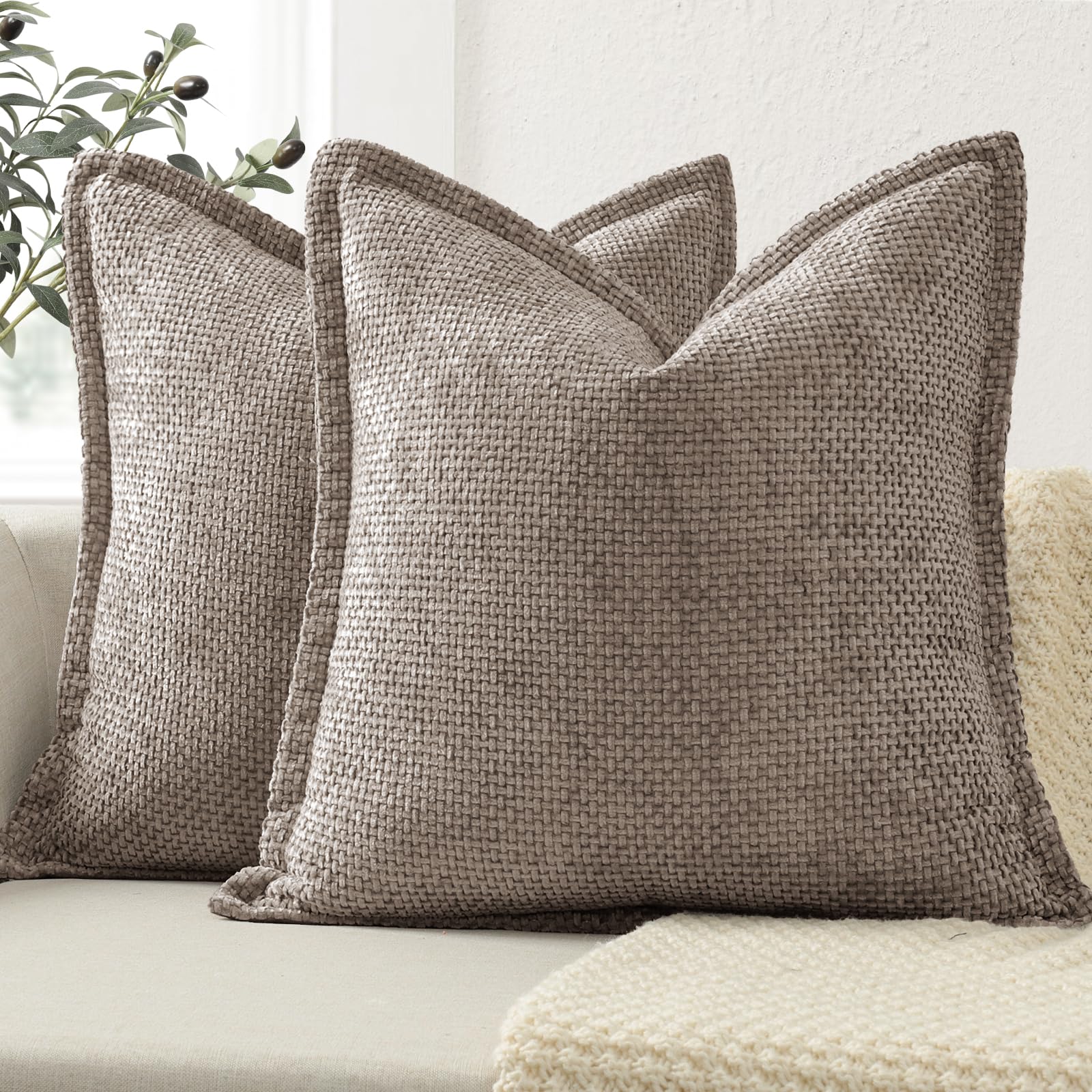 ZWJD Soft Chenille Cushion Covers 45x45 2 Pack, Decorative Cushions with Pressed Edge Design, Khaki Luxury Home Decor Pillow Covers for Sofa, Couch, Bed, Living Room & Bedroom Modern Home Décor