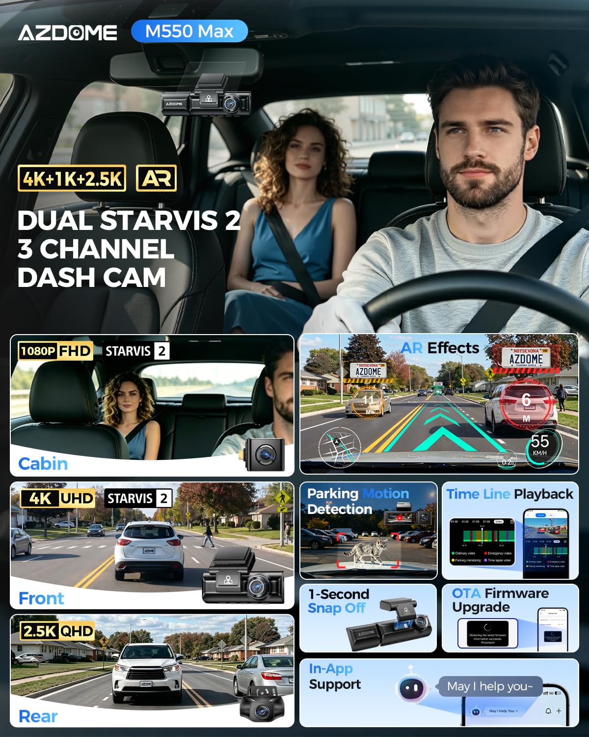 AZDOME 4K Dashcam Auto Vorne Hinten Innen, 3 Kanal 4K+1080P+2.5K Autokamera mit 64GB SD Karte, WiFi GPS, Dual STARVIS, IR Nachtsicht, WDR, 24H Parküberwachung, G-Sensor, M550 MAX
