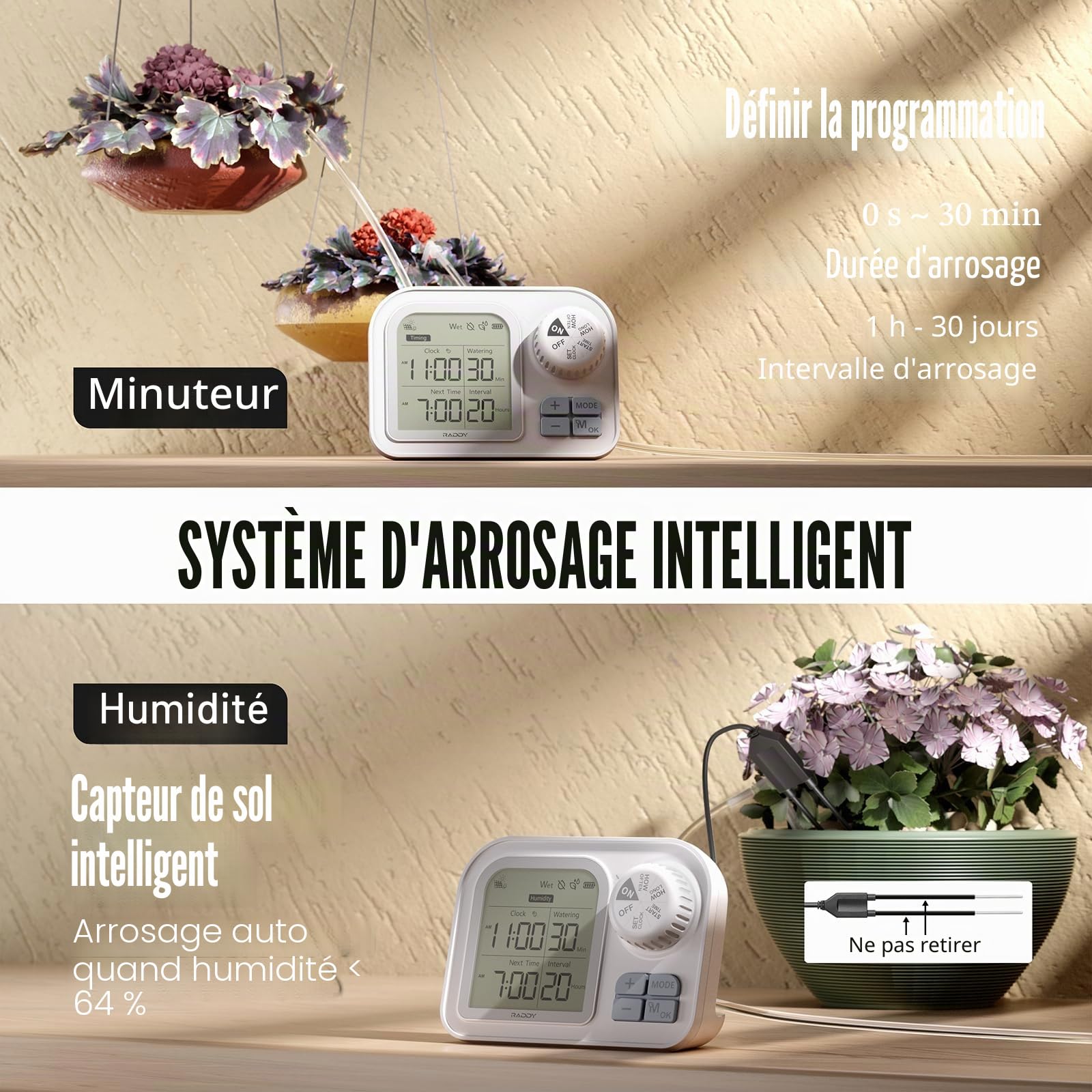 Raddy WS-74 Système d’Irrigation Goutte-à-Goutte Solaire WiFi, Arrosage Intelligent Automatique avec Capteur d’Humidité du Sol, Élévation 5 m pour Jardins Verticaux, Kit Vacances pour 15 Pots