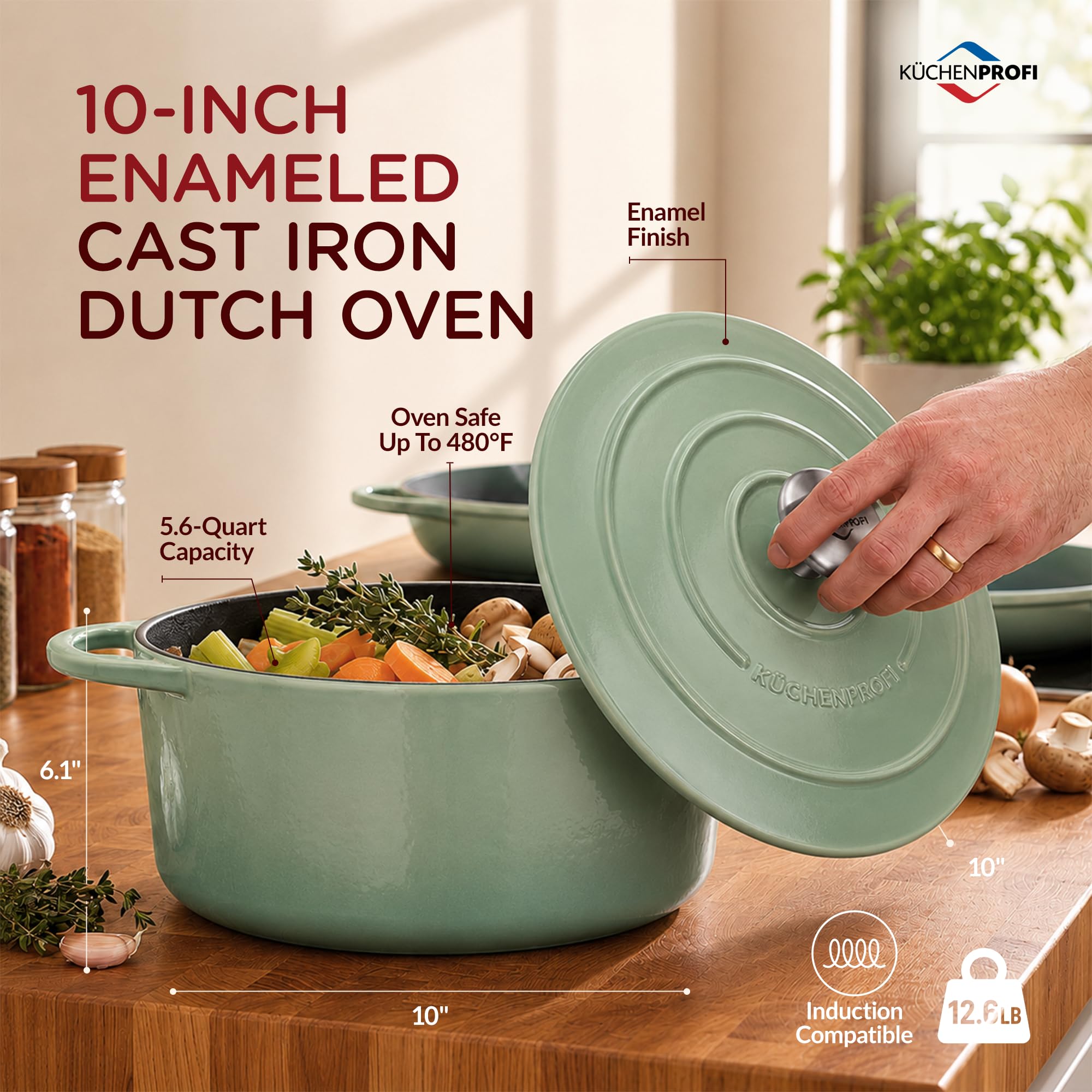 Küchenprofi Gusseisen Bräter mit Deckel rund, jade, 26 cm, Schmortopf, Auflaufform, Dutch Oven, Brotbacktopf, emailliert, für alle Herdarten (inkl. Induktion), zum Schmoren, Backen, Braten