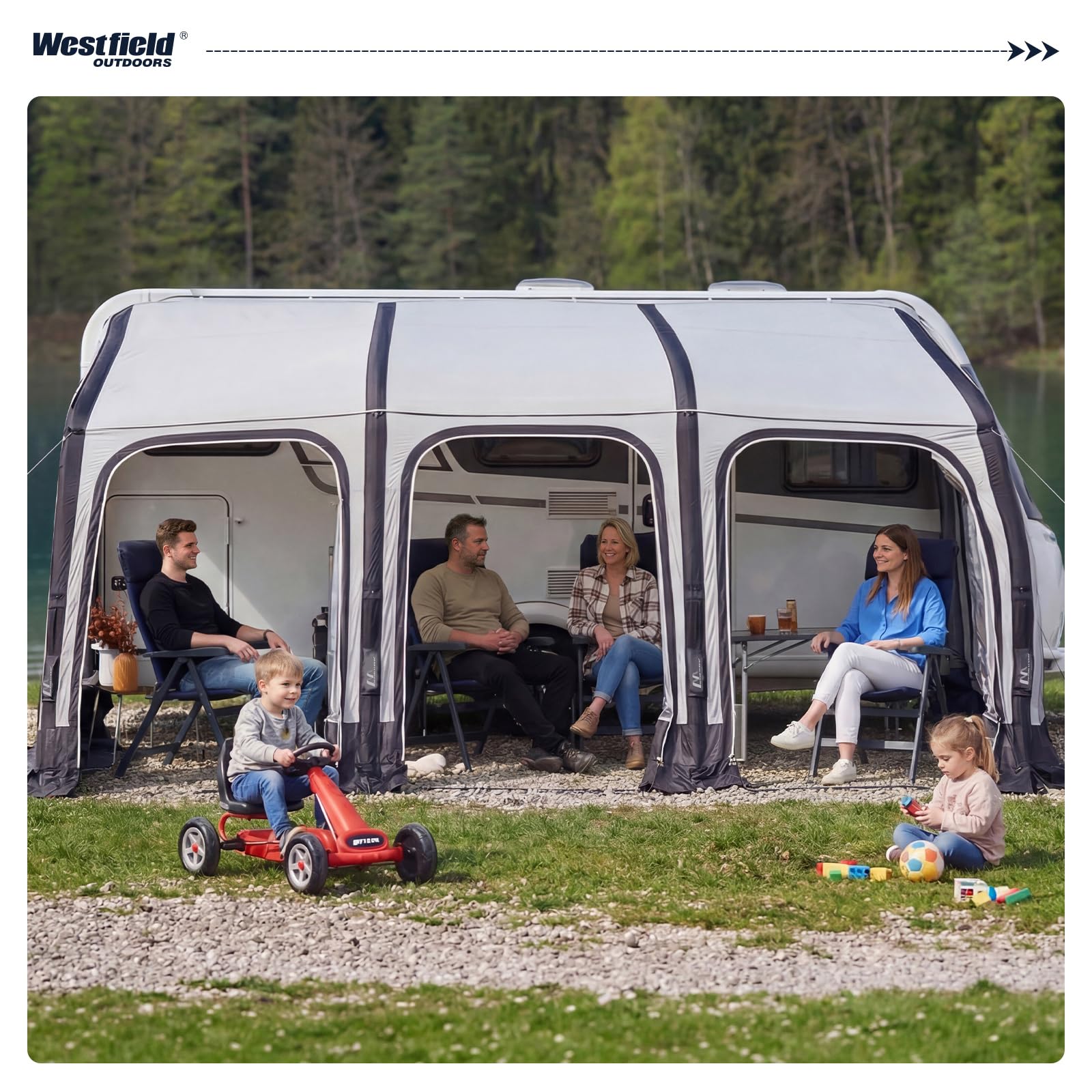 Westfield Outdoors Ceres 7, Aufblasbares Vorzelt für Wohnwagen, Höhe 235–260cm, B510 x T250 cm, 3000mm Wassersäule, UV- & windstabil, Abnehmbare Wände, EIN-Punkt-Aufblassystem, inkl. Luftpumpe