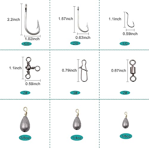 Miniatura 5 de Kit de aparejos de pesca de agua salada de 226 piezas con caja de aparejos – Señuelos de pesca de agua salada, plataformas de cola, ganchos de