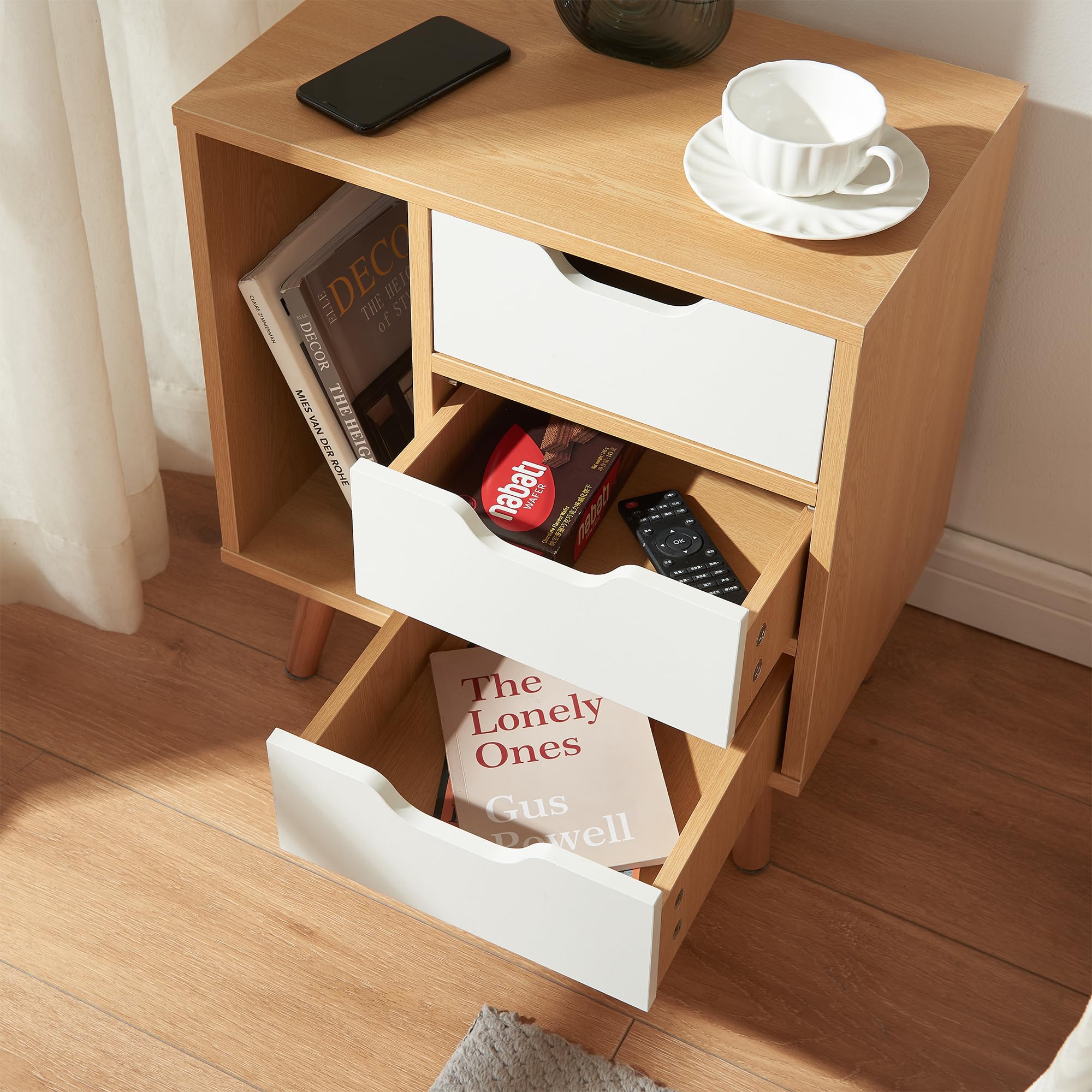 [en.casa] Comodino a 3 Cassetti e Scomparto Aperto Tavolino Basso Laterale Mobiletto Contenitore per Camera da Letto Soggiorno Ingresso 55 x 48 x 30 cm - Effetto Rovere/Bianco