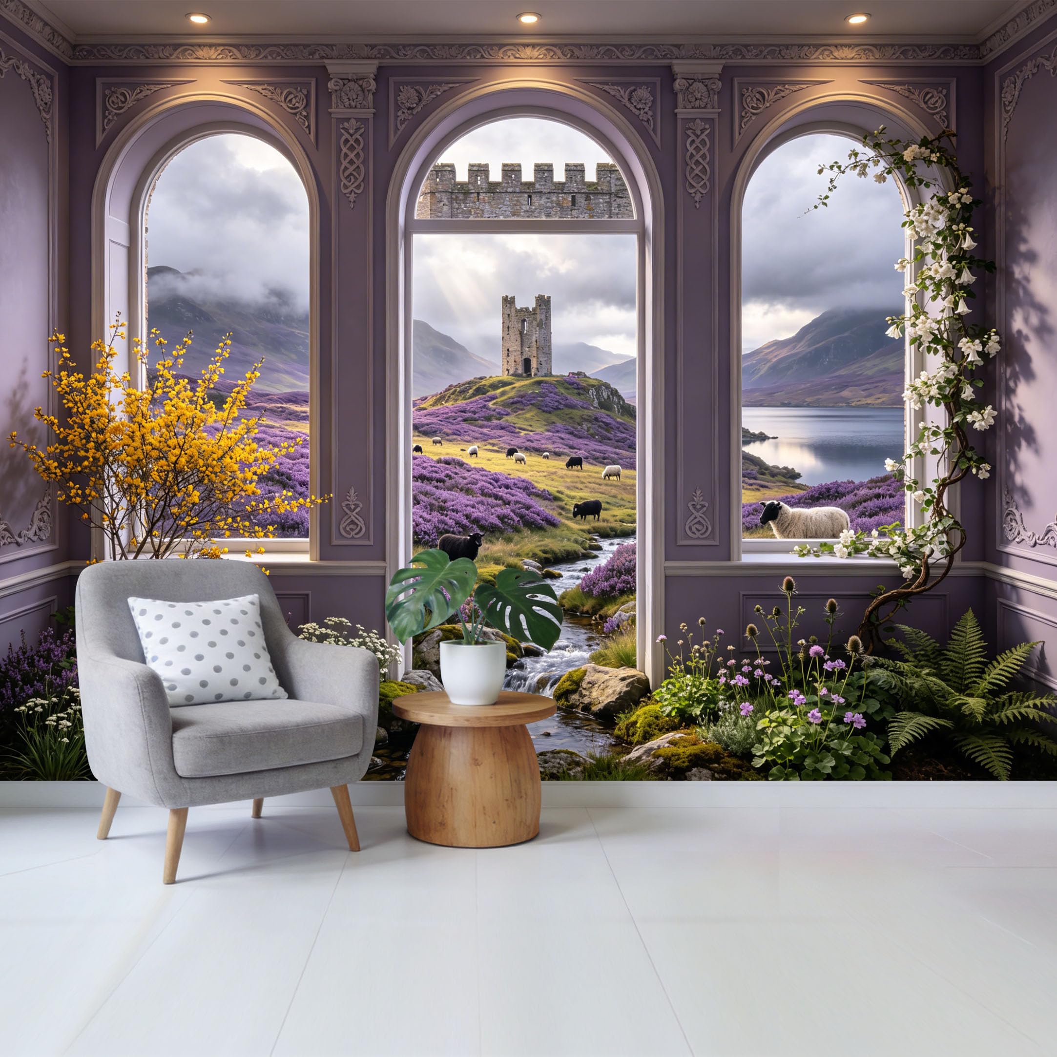 Removable Self Adhesive Fabric Mural， Highland Castle Lake Landscape Custom Size Wall Covering， UV Protected Waterproof Washable Wall Decor for Living Room Bedroom Bathroom