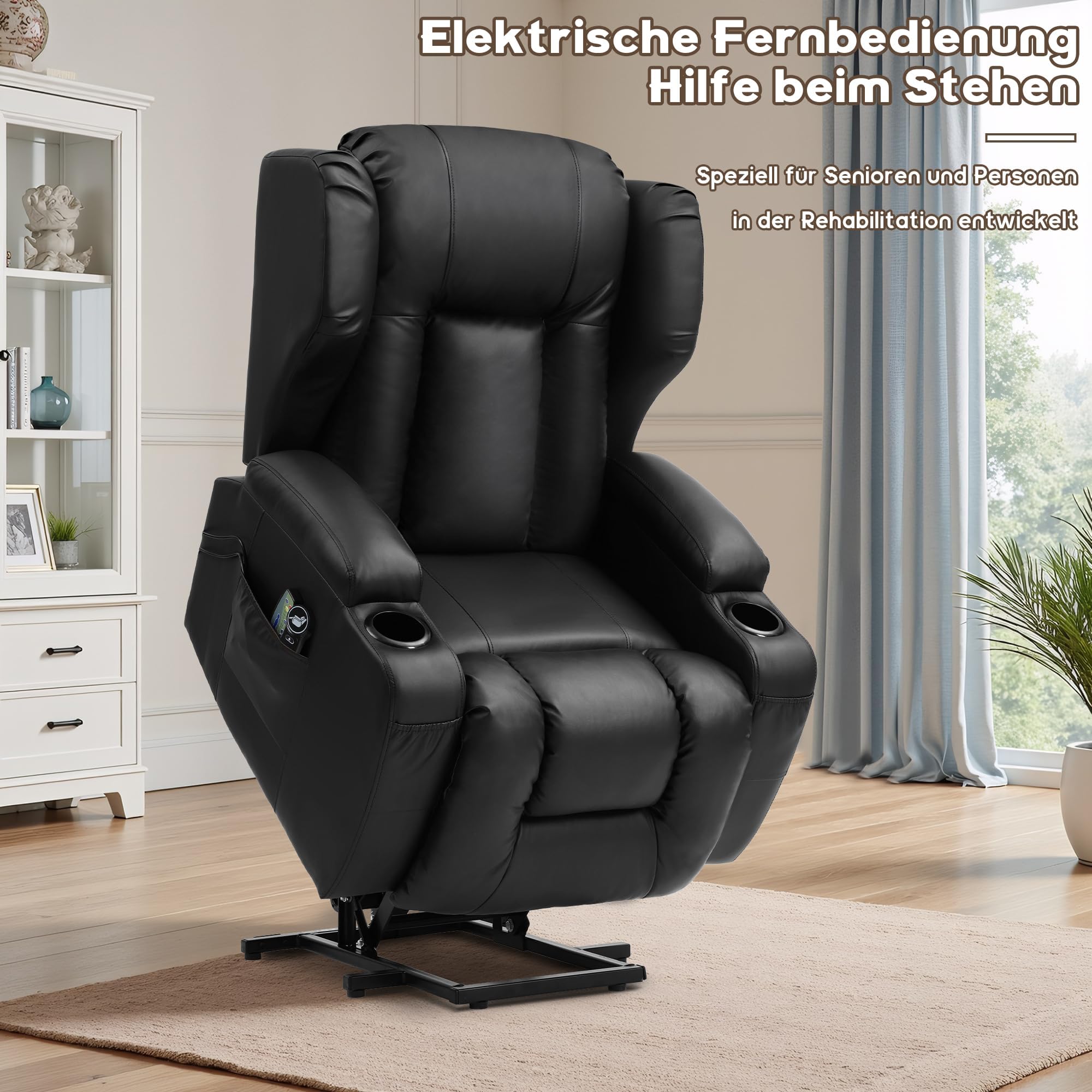 Fernsehsessel mit Aufstehhilfe Elektrisch, Relaxsessel mit Liegefunktion, Massagesessel mit Massage Wärmefunktion Seniorensessel für Senioren, 2 Seitentaschen und Getränkehalters (Schwarz)