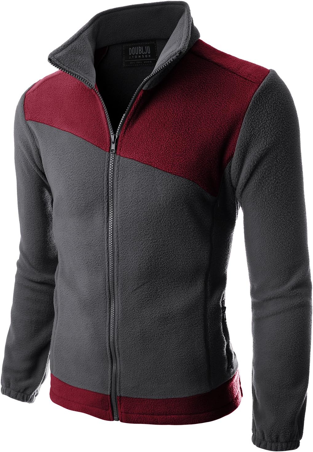 Doublju Mens Long Sleeve Colorblocked Fleece Zip-Up Jacket CHARCOALWINE X-Large
