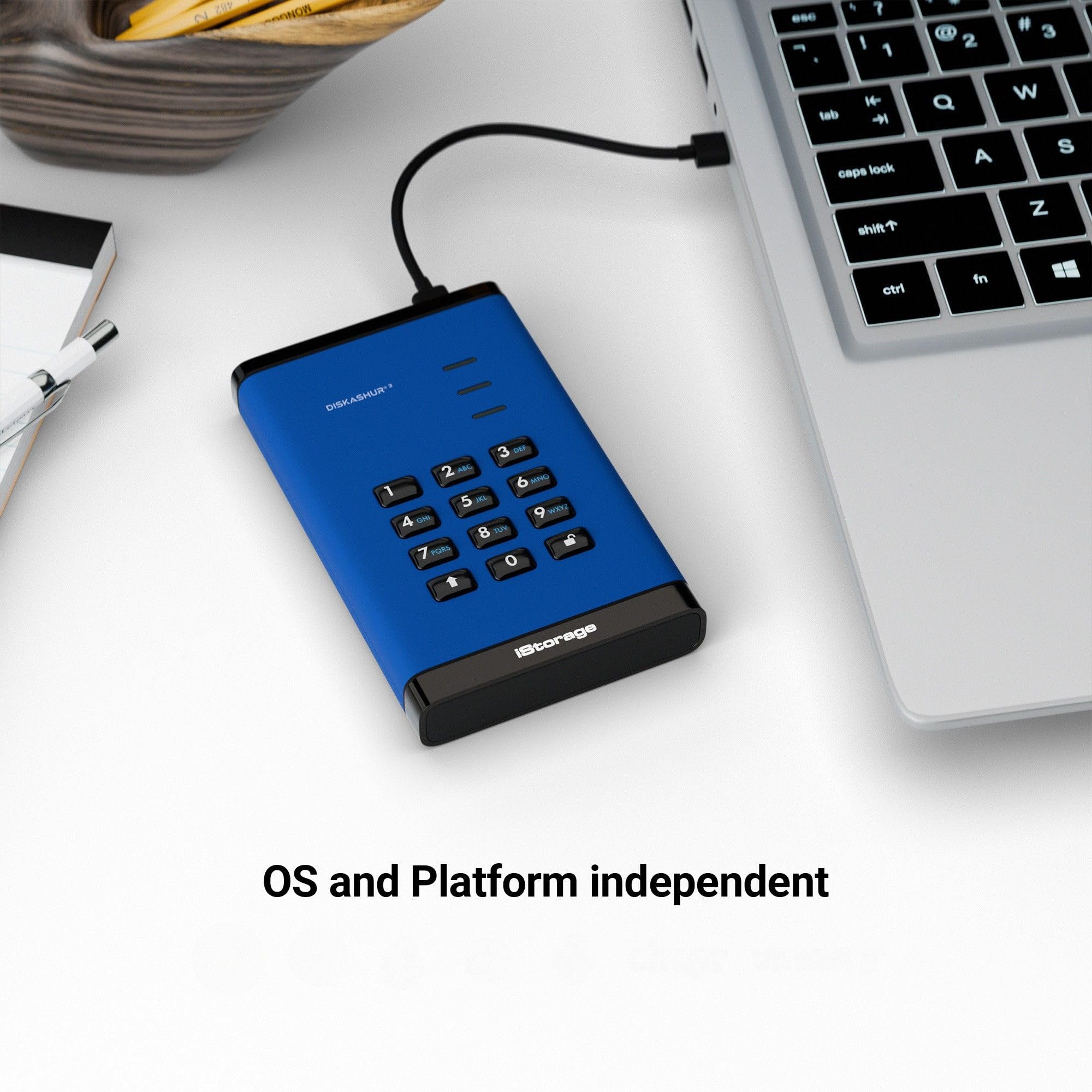 iStorage diskAshur3 HDD 5TB Niebieski - Bezpieczny przenośny dysk twardy - Ochrona hasłem - Odporny na kurz i wodę - Szyfrowanie sprzętowe