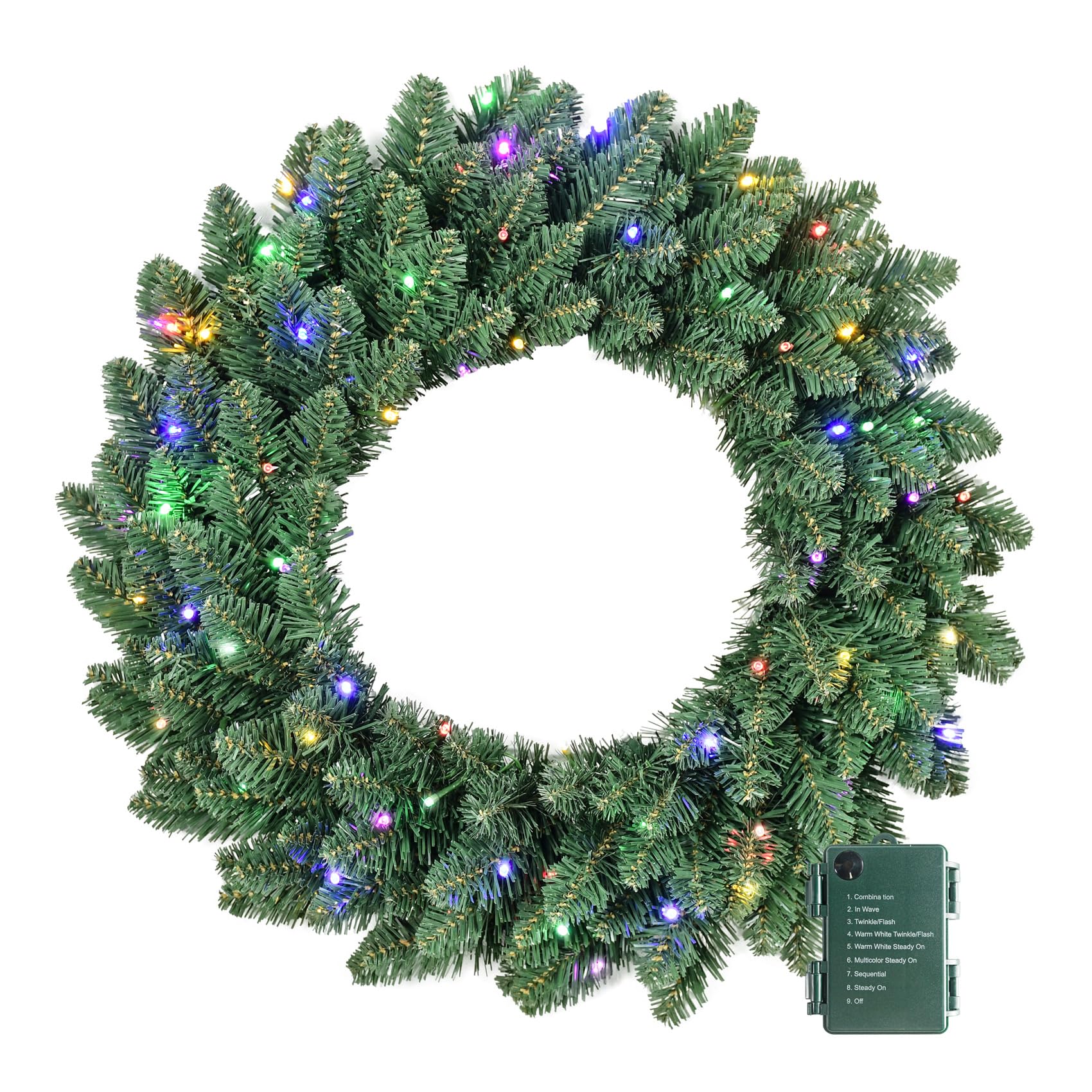 Small Christmas Winter Wreath with Lights | Leeheeyee 25 inch Pre-Lit Artificial Christmas Wreath for Front Door, Window or Mantel, Green Fir with Battery Operated 50 Multicolored Lights