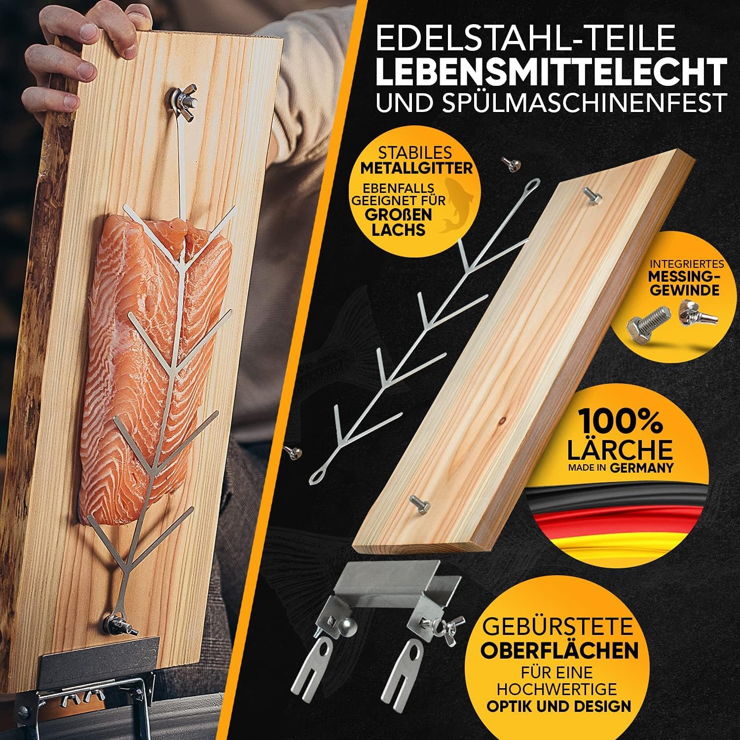 Flammlachsbrett mit Halterung aus Edelstahl (100% Made IN Germany) Lachsbrett aus 100% hochwertiger Lärche Ideal für Feuerschale, Grill und Kugelgrill (Perfekt für Lachs Fans)