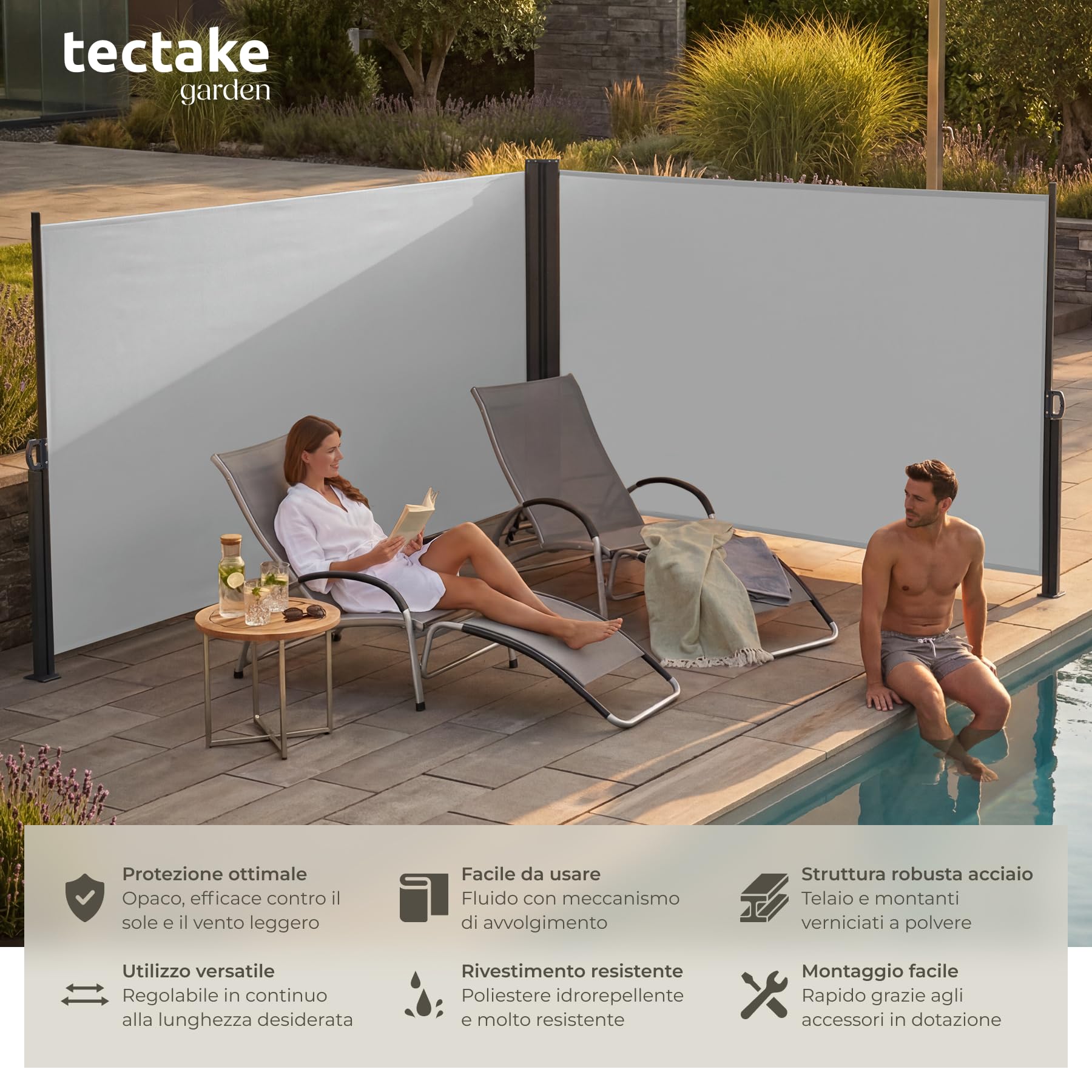 tectake® Tenda da Sole per Esterno Laterale Doppia Estensibile, 600 x 160 x 9 cm, Parasole Retrattile, Frangivista Giardino e Terrazzo Privacy, Avvolgimento Automatico, Struttura in Acciaio - Grigio