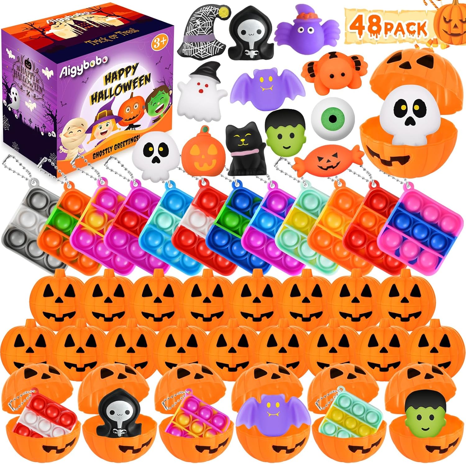 48 Halloween Toys Pack with Pumpkin Box, Halloween Party Favors Gifts for Kids, Stress Relief Toys in Bulk with Bubble Push it Keychain, Halloween Treat Bags Fillers, Trick or Treat Classroom Prizes