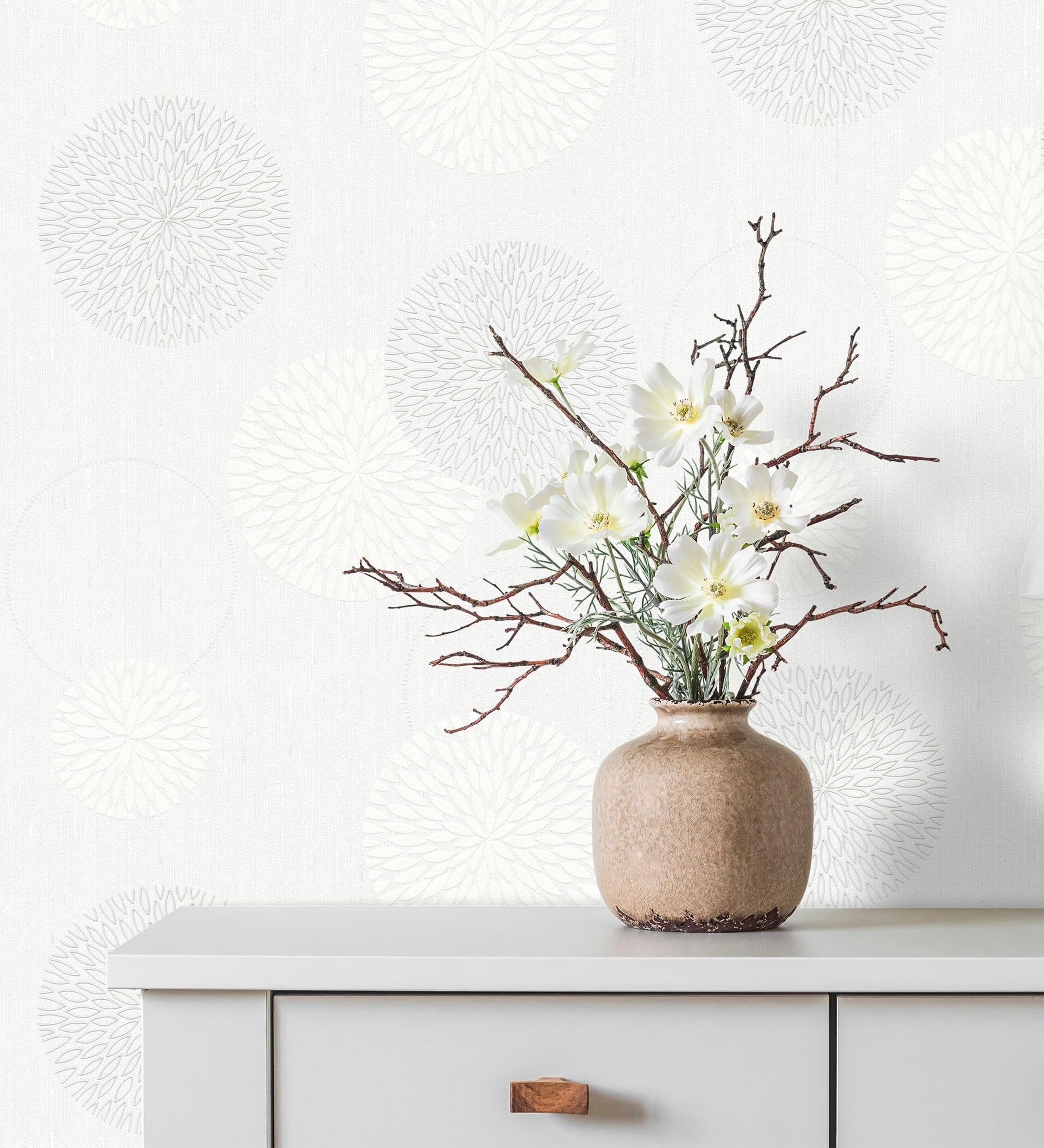 GAULAN 451900 - Papel pintado vinílico de círculos y flores geométricas gris claro relieve para pared salón cocina baño dormitorio pasillo - Rollo de 10 m x 0,53 m
