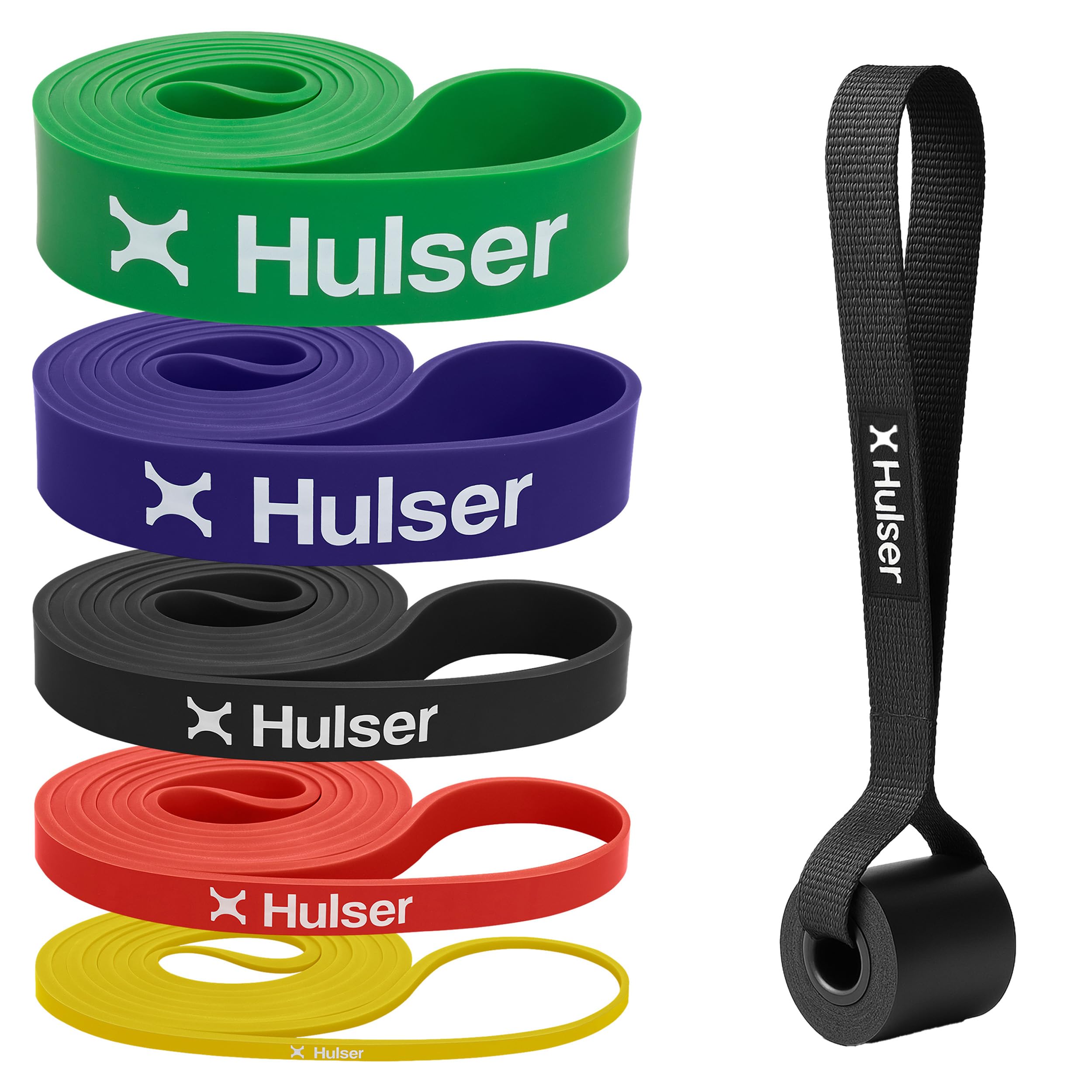 Hulser Widerstandsband Set 6-teilig mit Türanker - 2 bis 55 kg - 104/208 cm - Für Pull Up, Krafttraining, Stretching, Crossfit, Calisthenics - Fitness Resistance Bands aus Natur-Latex