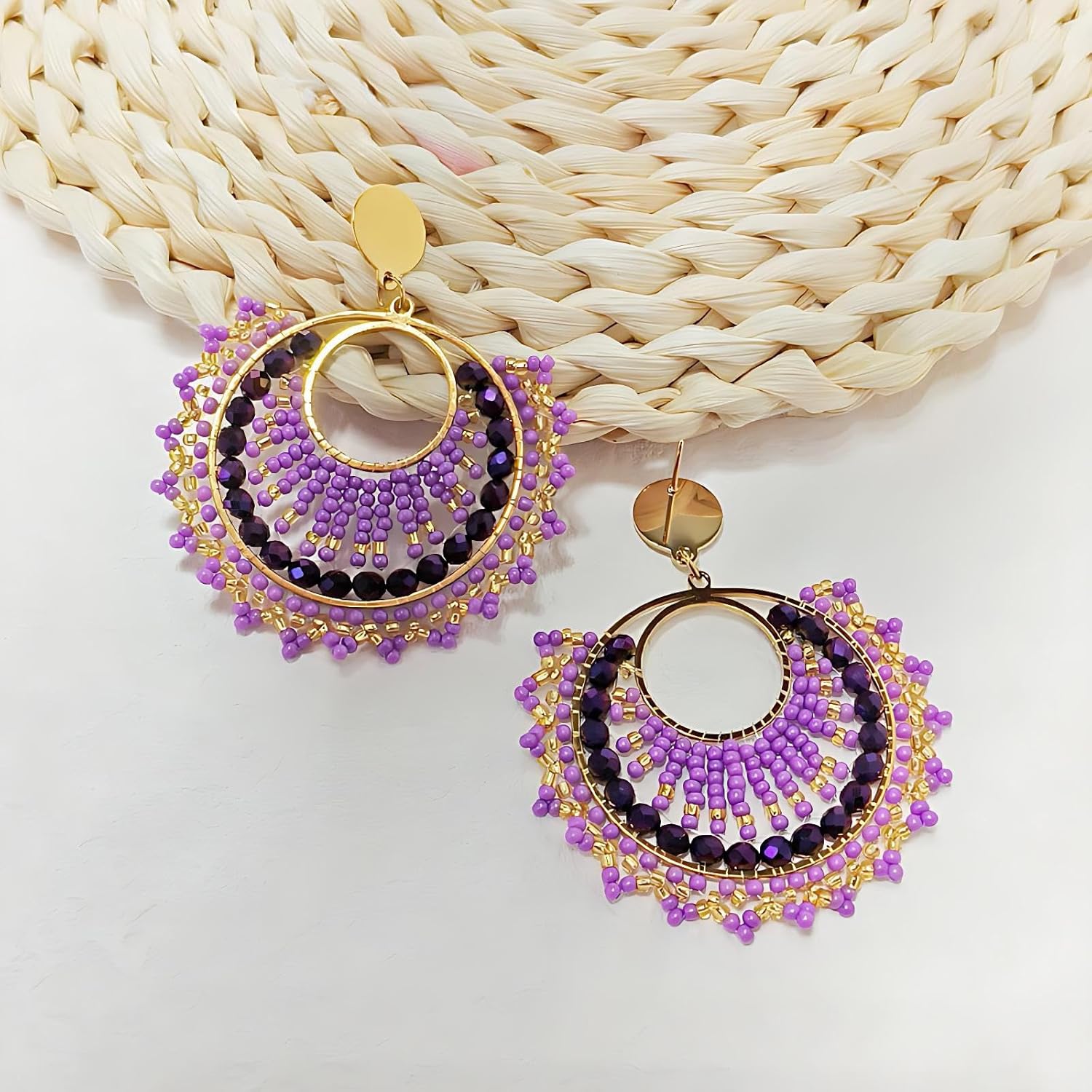 Purple Beaded Hoop Earrings for Women, Gold Circle Drop Earrings, Handmade Boho Bead Dangle Jewelry - Image 4