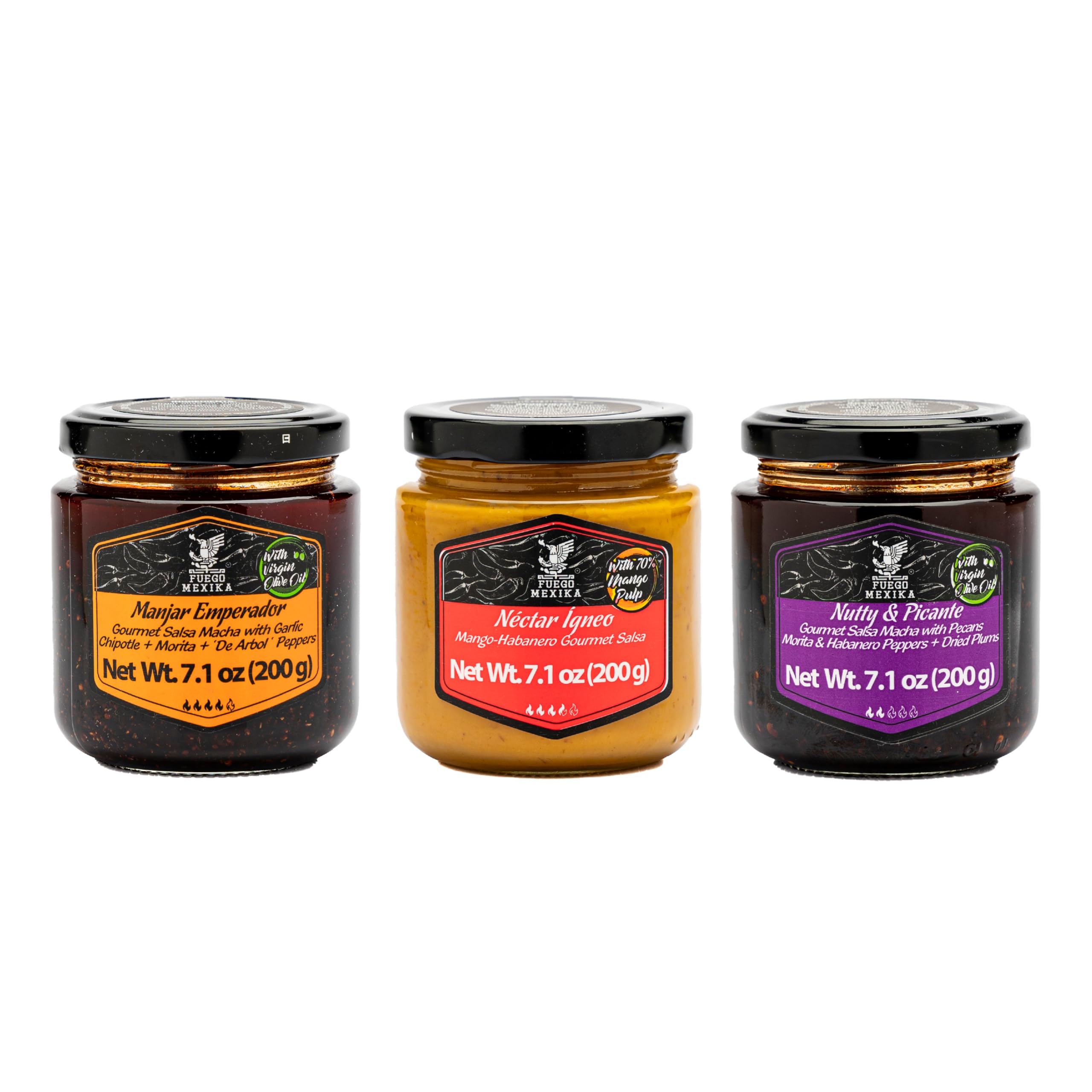 FUEGO MEXIKA | 3-Pack Essential Gourmet Mexican Salsas - Premium Salsas Kit - Mango & Habanero - Morita & Chipotle with Garlic - Habanero & Morita