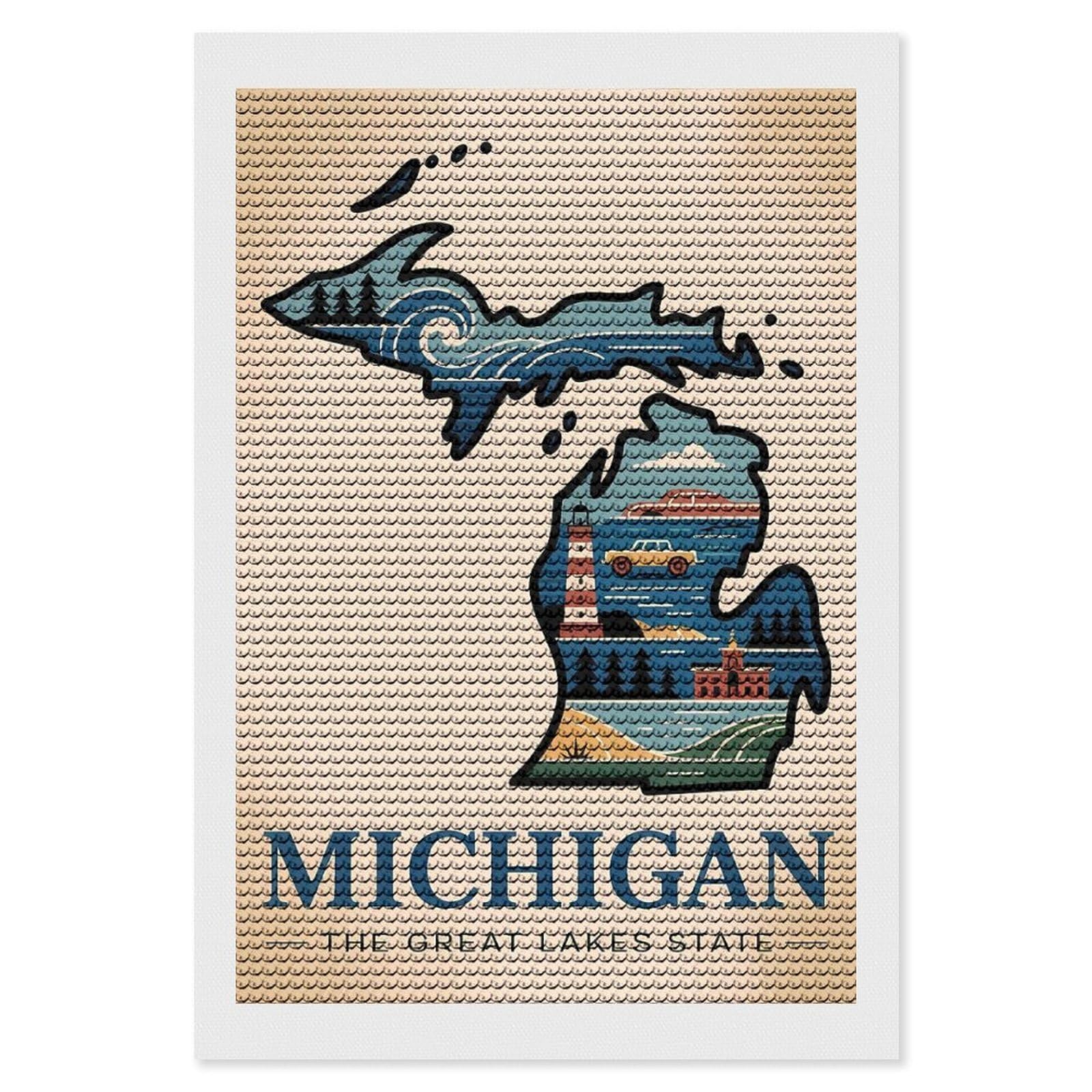 Junmoney Michigan The Great Lakes State Illustration Diamond Painting Canvas Set 8"x12", Satisfying Creative Project, Easy to Follow Symbols, Fun Craft Experience