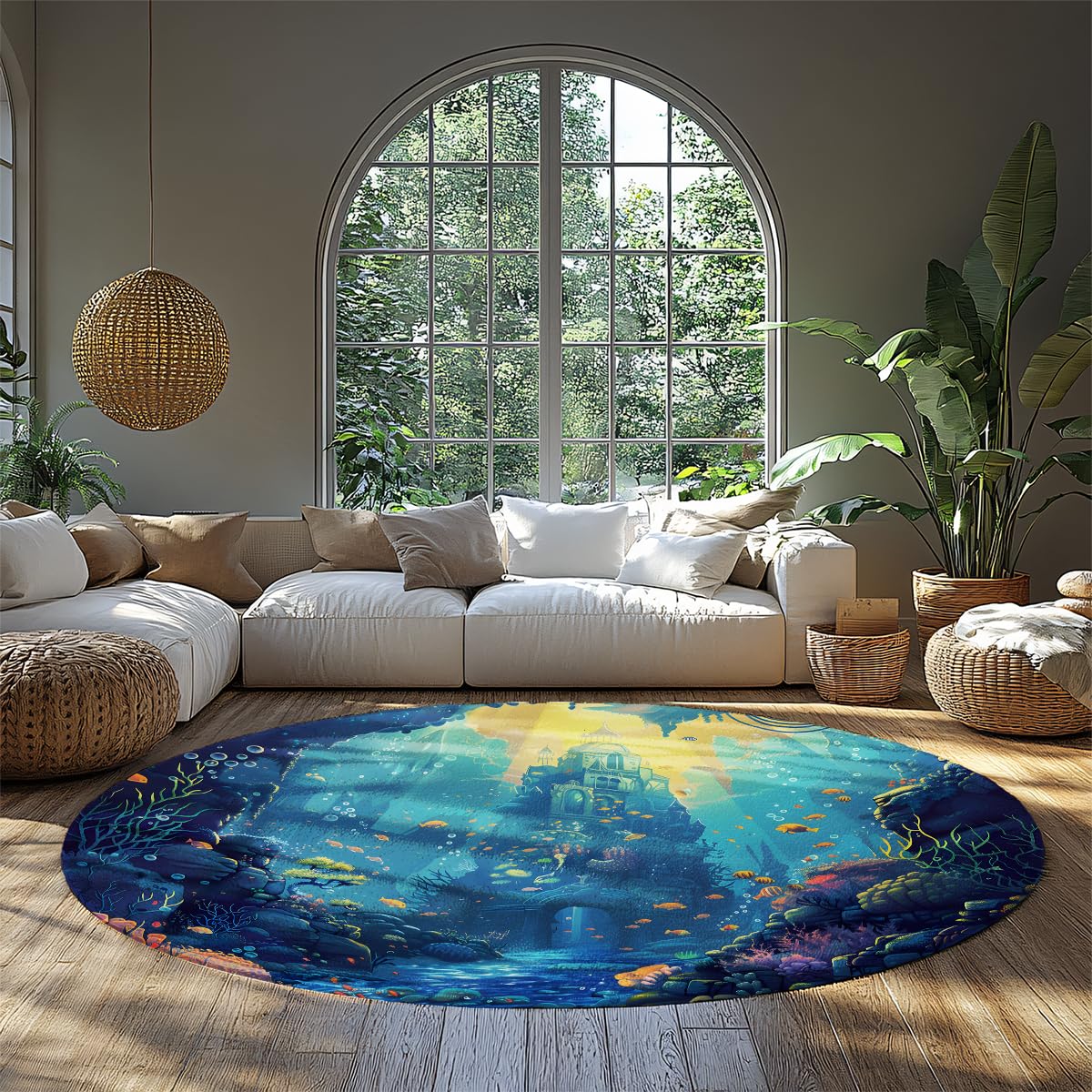 Tapis rond 100cm antidérapant avec décor récif corallien des profondeurs