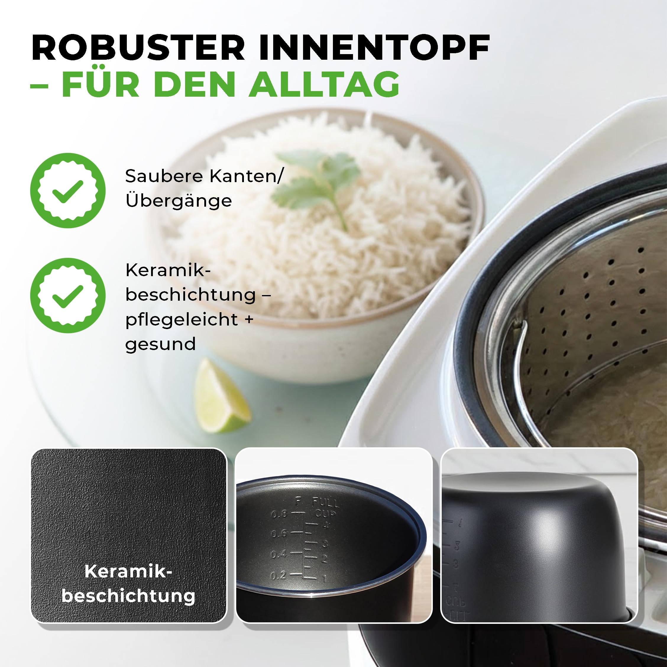 Mini Reiskocher kleiner Multikocher 0,8L 3,5 Cup/1-4 Portionen, 10 Programme für ALLE Reissorten inkl. stärkereduzierter Basmati Vollkorn Getreide Dampfgarer Brei Suppe Schmoren (cremeweiß, 0,8 Liter)