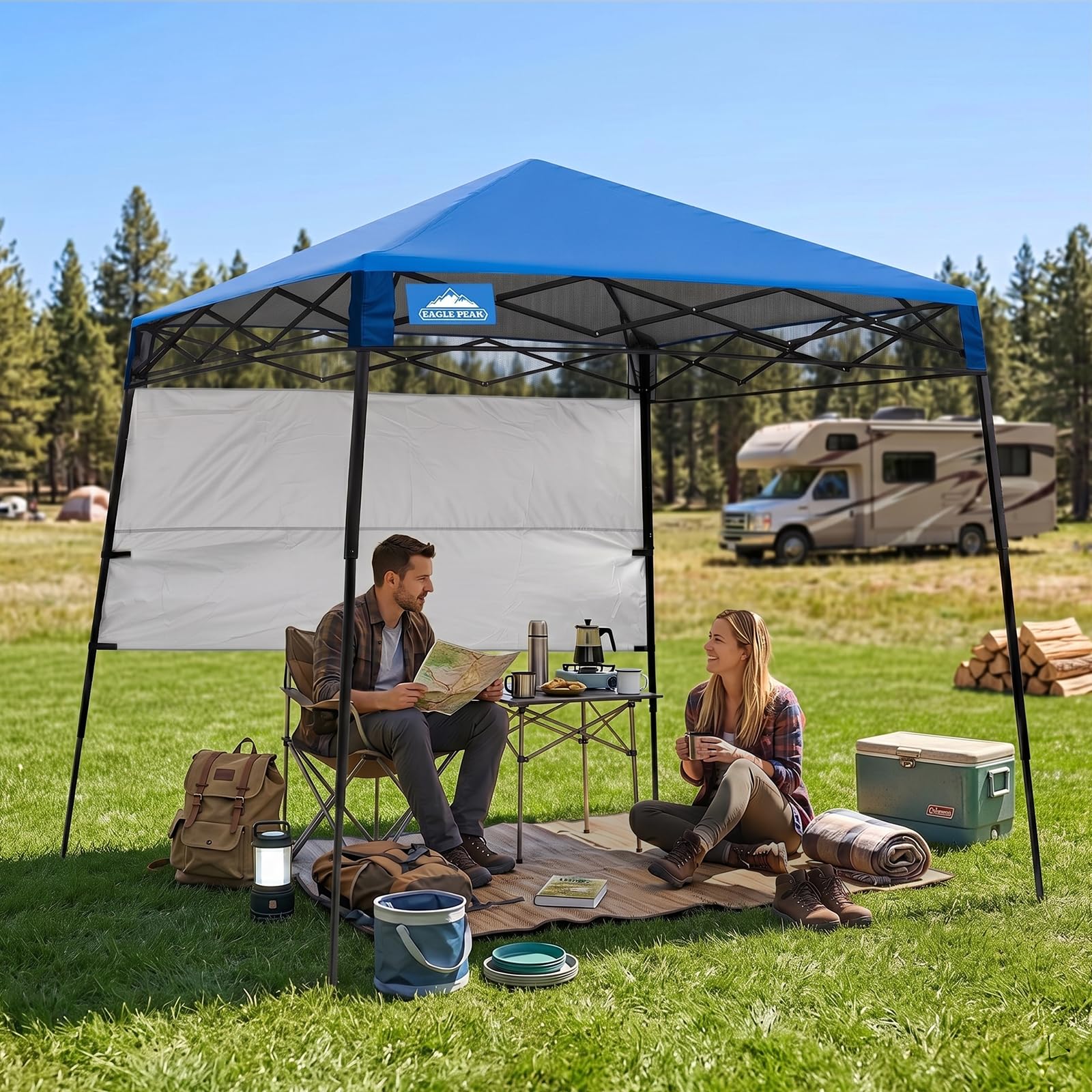 EAGLE PEAK Schräge Beine Faltbar Pavillon 2.4x2.4m Wasserdicht Camping Pop-up Faltpavillon mit Seitenteil, inkl. Rucksack, 8' x 8', Blau