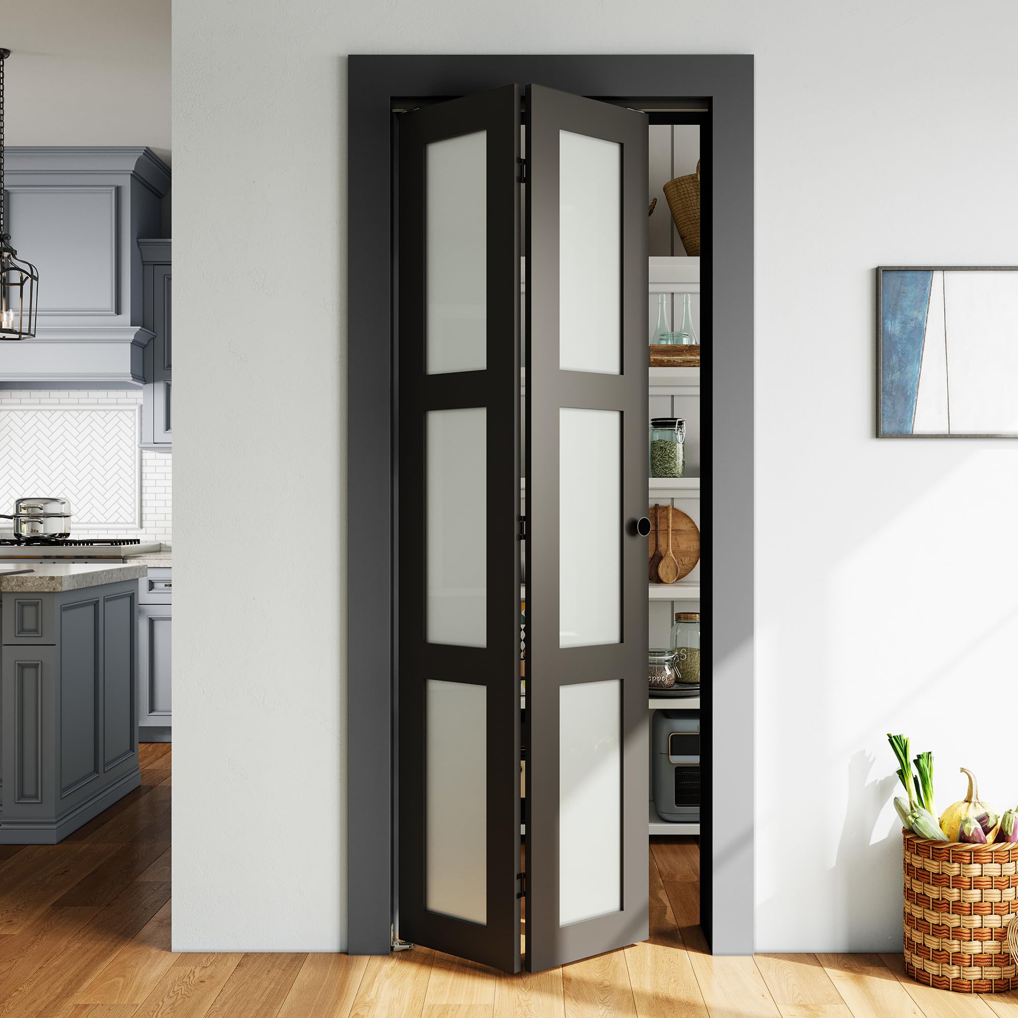 SMARTSTANDARD 32in x 80in Closet Bifold Door with Bi-fold Door Hardware Kit Included, Tempered Frosted Glass Closet Door, Preassembled Panel,