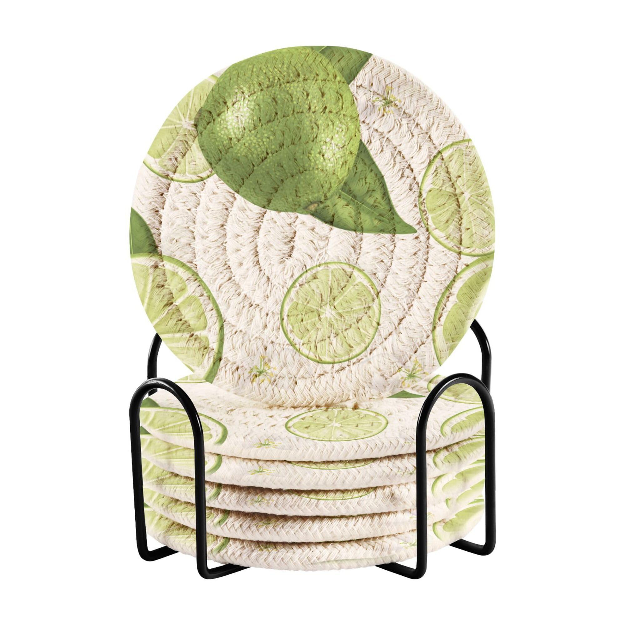 Fresh Lime Fruit White Cotton Rope Drink Coasters Absorbent Set of 6 with Holder Coasters