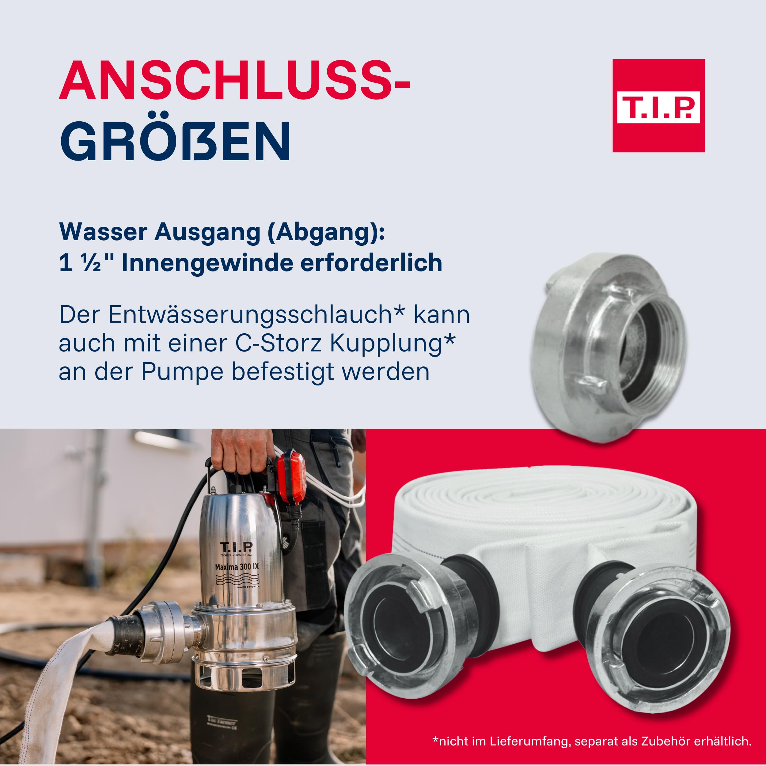 T.I.P. 30116 Schmutzwasser Tauchpumpe Maxima 300 IX (bis 18.000 l/h Fördermenge, Förderhöhe max. / Druck max. 8 m / 0,8 bar, 700 Watt, Edelstahl-Pumpengehäuse, Offenes Noryllaufrad)