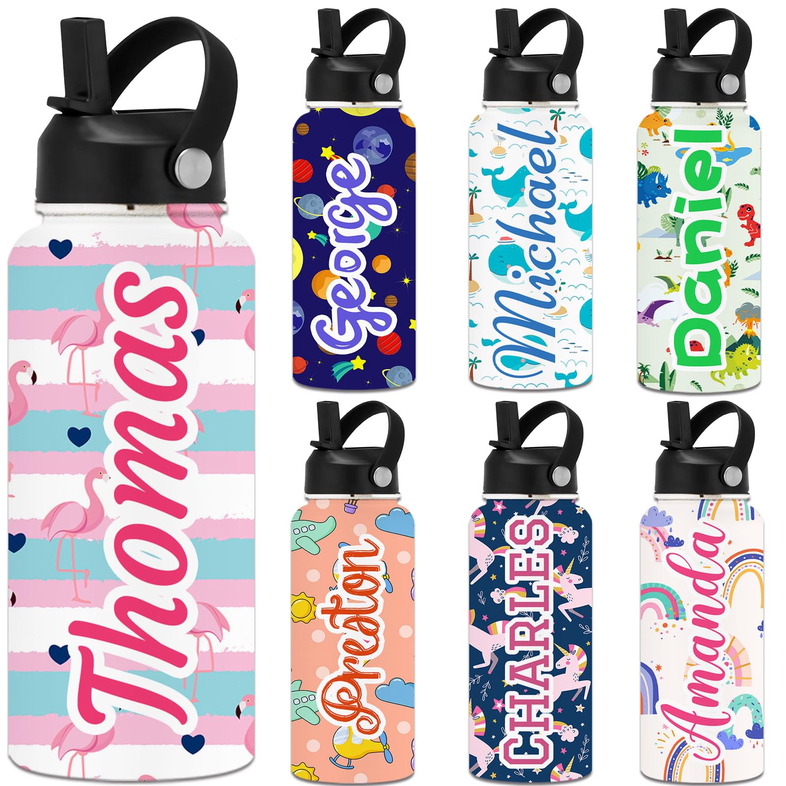 Uoffice5 Personalised Water Bottles for Kids with Straw Lid Custom Insulated Water Bottle Customised Engraved Name Stainless Steel Bottle Gift for School Sport Gym 24/12/40/18/32 oz