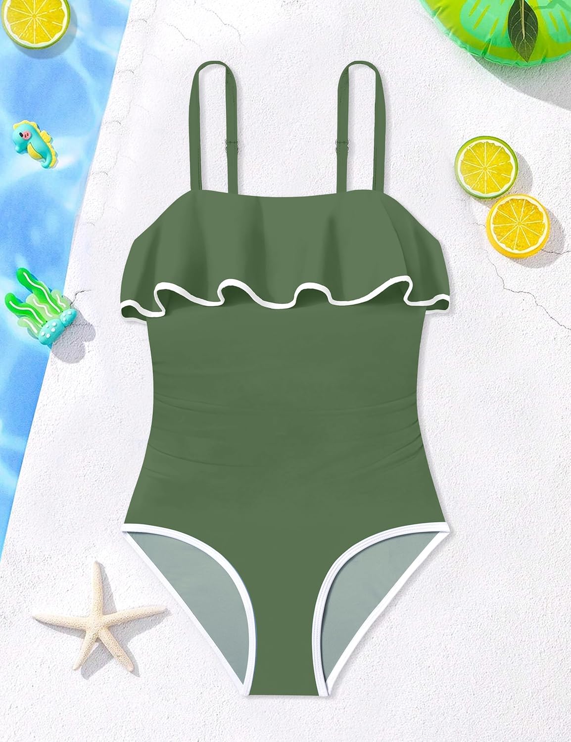 Girls Swimsuit Ruffle One Piece Swimsuits Solid Color Bathing Suit for Teens Contrast Trim Swimwear 9-16Y with Padded - Image 6