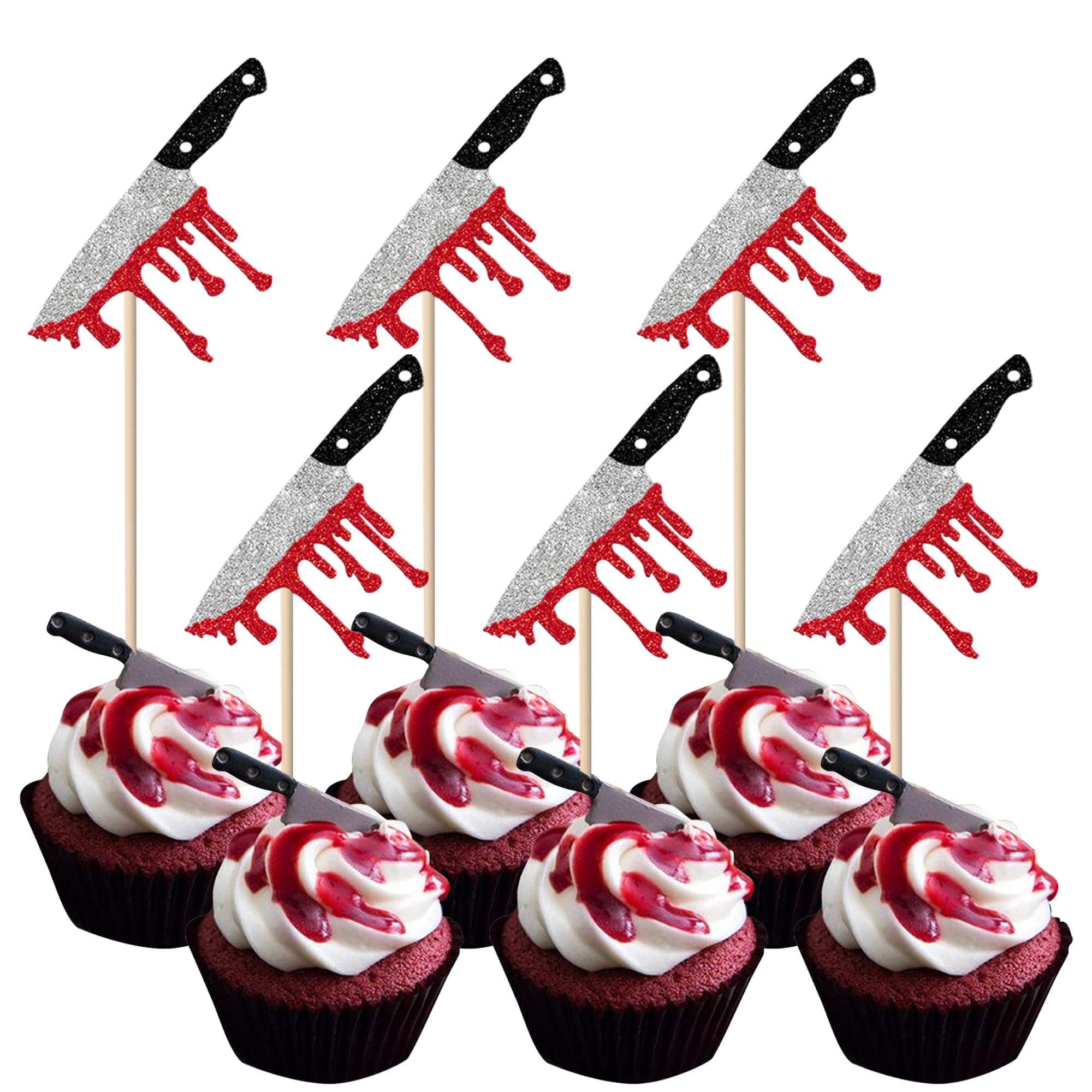Xsstarmi 30 Pack Blood Knife Cupcake Toppers Horror Halloween Knife Have a Killer Birthday Cupcake Picks Decorations for Halloween Blood Knife Theme Birthday Party Cake Decorations