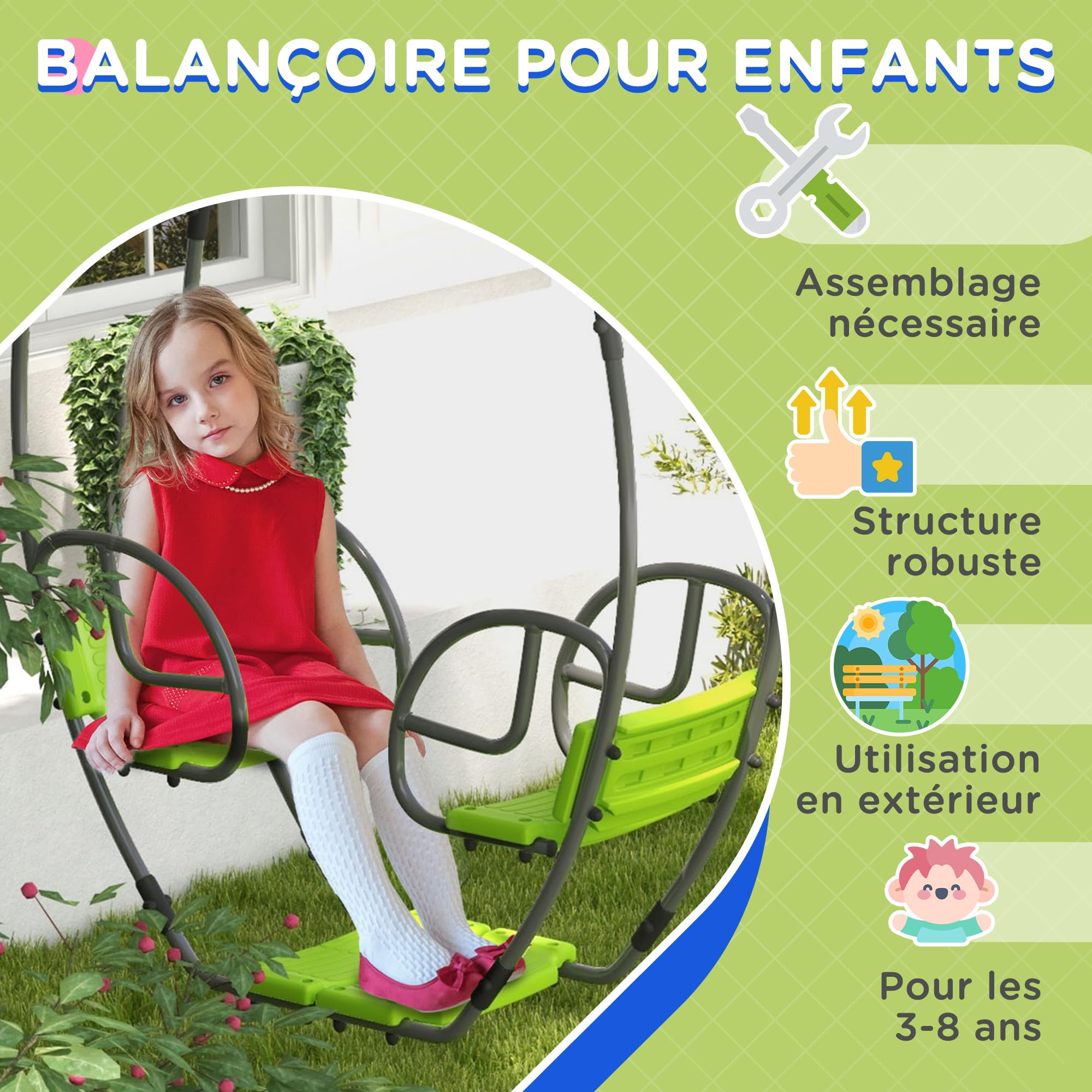 Outsunny Balançoire Face à Face pour Portique Enfants 110,5x40,5x180cm Vert