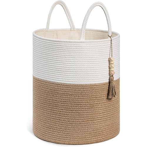 CherryNow Wicker Laundry Basket Tall Woven Hamper, Blanket Storage Basket for Living Room, Entryway, Toy Basket for Nursery, Decorative Clothes Hamper for Bedroom, White & Jute, 51L, 15 x 17.7 inches