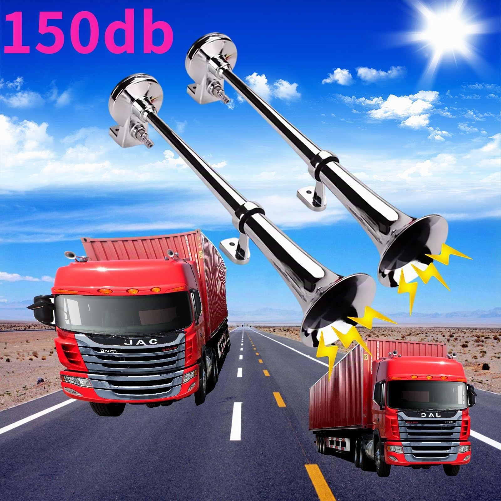 Tromba Bitonale ad Aria Compressa per Auto/Camion/Trattore - Senza Compressore, Design Cromato Durevole, Clacson Potente 150dB per Barca/Triciclo/Veicoli Commerciali