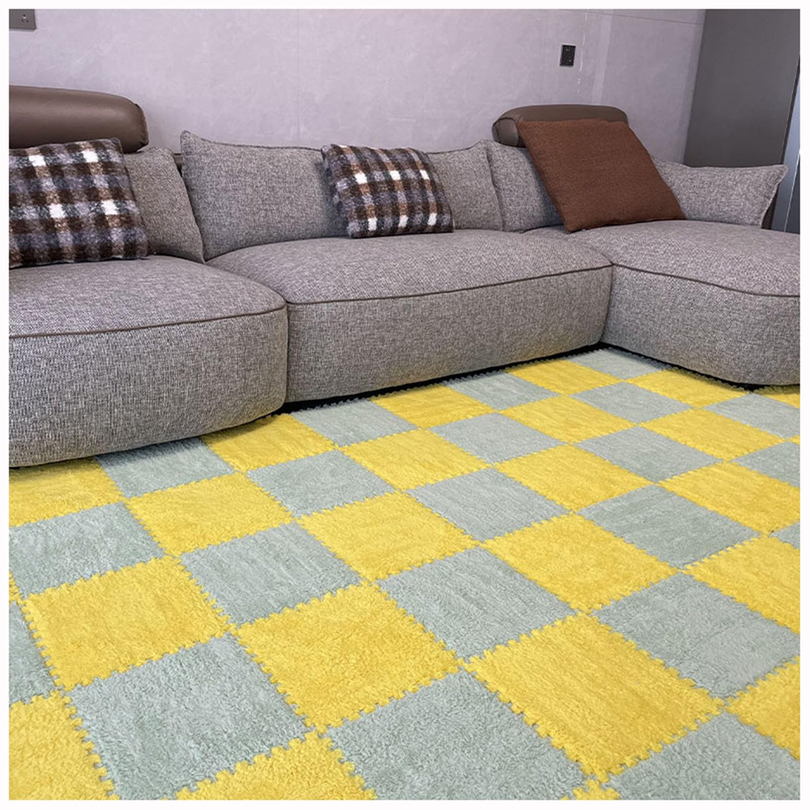 Płytki dywanowe Fluffy Carpet Tiles, piankowe płytki podłogowe typu puzzle, 12x12 cali, wielokolorowe, opakowanie 10 sztuk (żółty + szary)(Yellow+green)