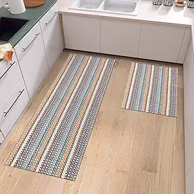 Kit Tapetes Cozinha 2 e 3 Peças Jogo 100% Algodão Rústico Geométrico Decorativo Conjunto Passadeira Capacho Artesanal Colorido Antiderrapante Prático Design Elegante Fácil de Limpar (2 Peças)