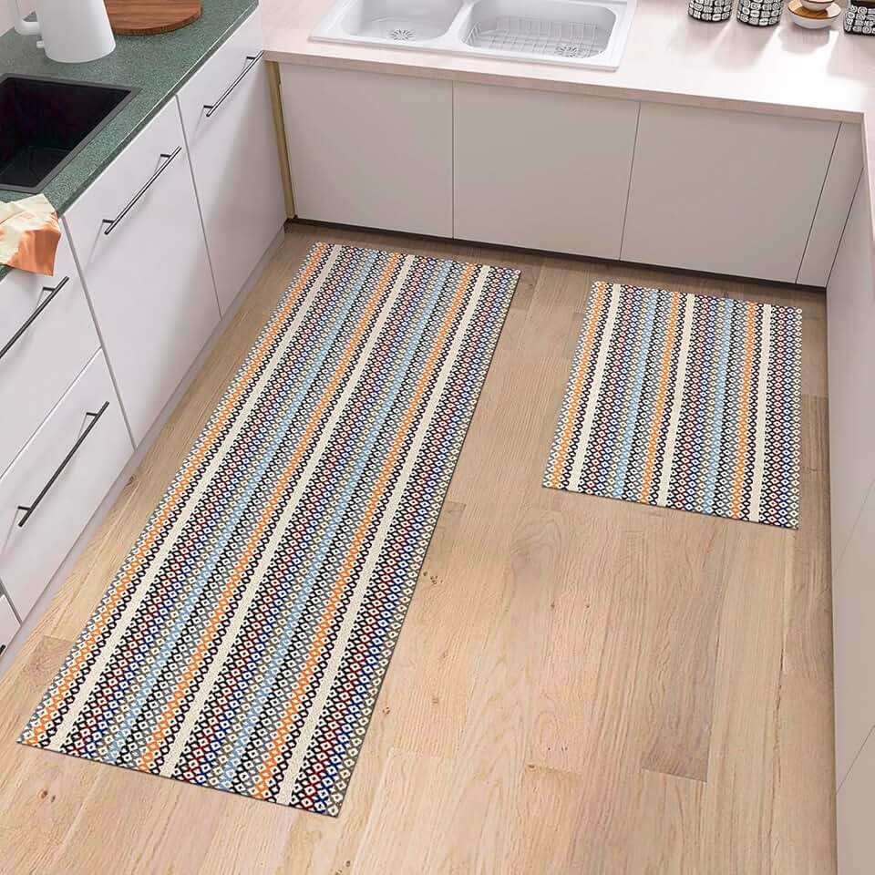 Kit Tapetes Cozinha 2 e 3 Peças Jogo 100% Algodão Rústico Geométrico Decorativo Conjunto Passadeira Capacho Artesanal Colorido Antiderrapante Prático Design Elegante Fácil de Limpar (2 Peças)