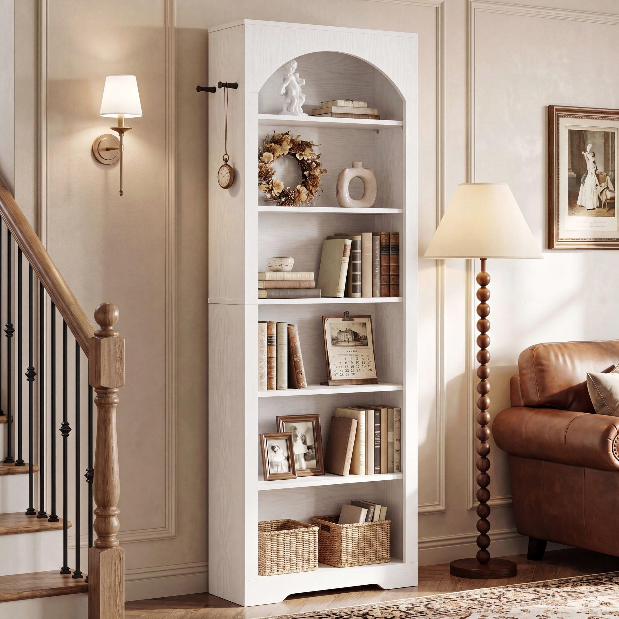 IRONCK 195cm Extra Tall Bookshelf, 6-Tier Arched Bookcase and Bookshelves, Freestanding Display Book Shelf with 2 Hooks, Open Storage Shelf for Office, Living Room