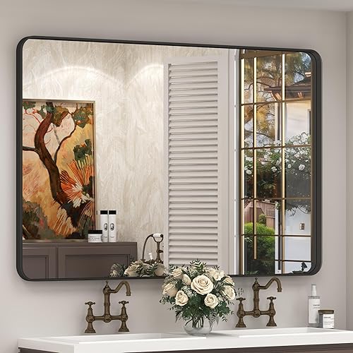 Miniatura 94 de Espejo de baño con marco negro de 20 x 30 pulgadas para pared, espejo de pared con marco de metal mate, espejo rectangular de esquina redondeada