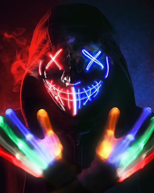 Scary Halloween Mask Skeleton Gloves Costumes for Women Men, 3 Modes Purge Mask Light Up 6 Modes LED Glow Gloves, Anonymous Scream Halloween Mask, Halloween Purge Mask