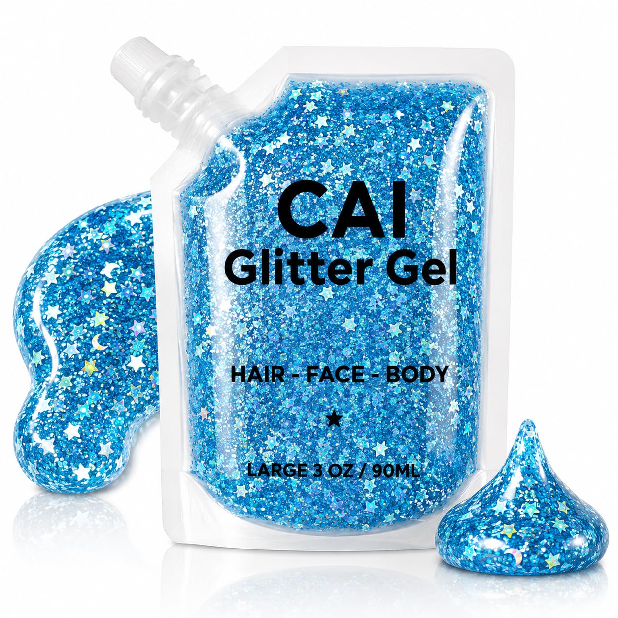 Body Glitter Gel- Face, Body & Hair (1 Pk Blue) Chunky Iridescent Holograph Stars & Moon, 3 oz | Cosmetic-Grade Makeup, Apply Without Glue, Easy to Take Off & Keep Skin Clean - for Concerts, Raves