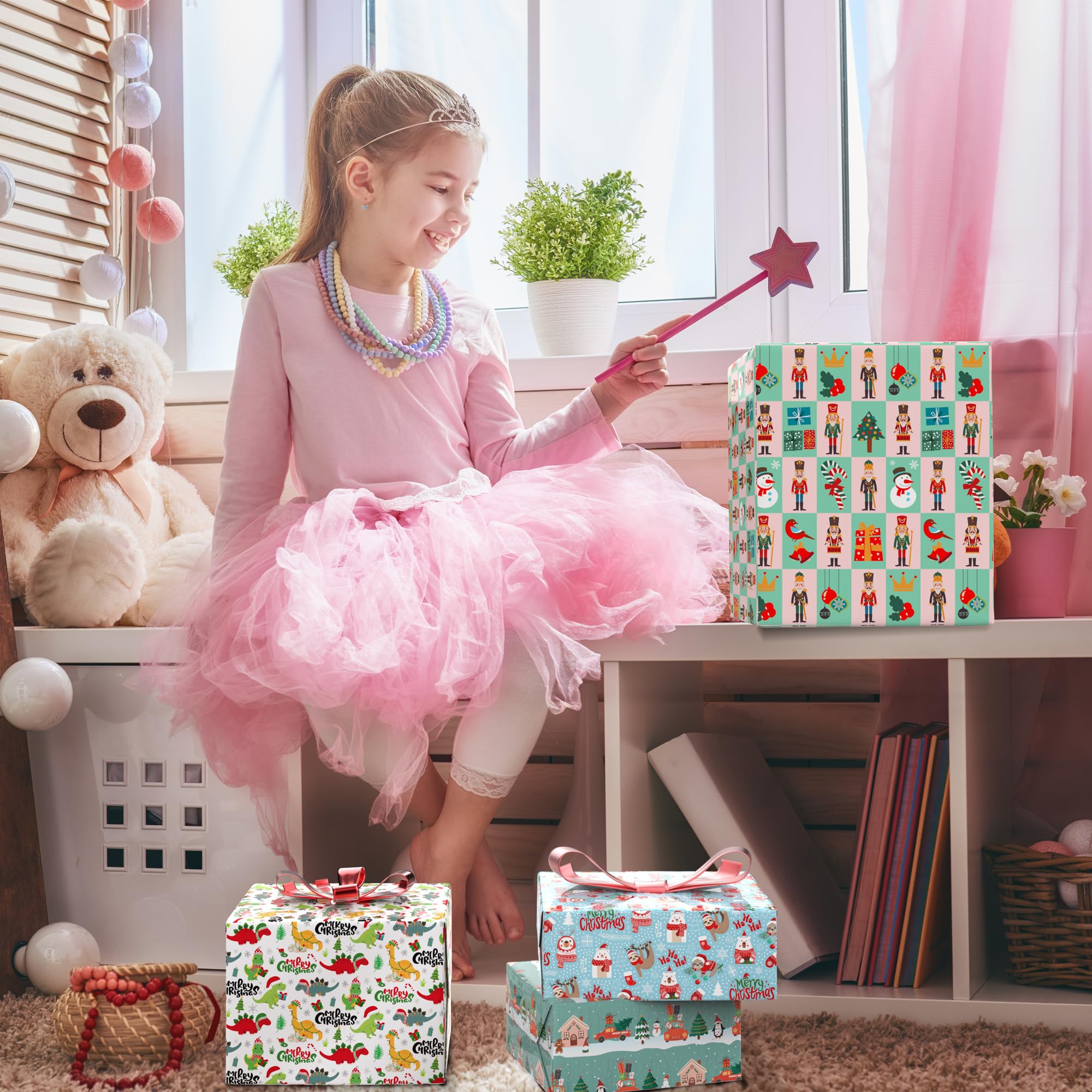 MotiGiftie Weihnachts-Geschenkpapier für Jungen und Mädchen – Weihnachtsmann, bunte Dinosaurier, Pinguin, Weihnachtsbaum, Nussknacker-Designs – Urlaubs-Geschenkpapier für Festival, 12 Blatt, je 50,8 x