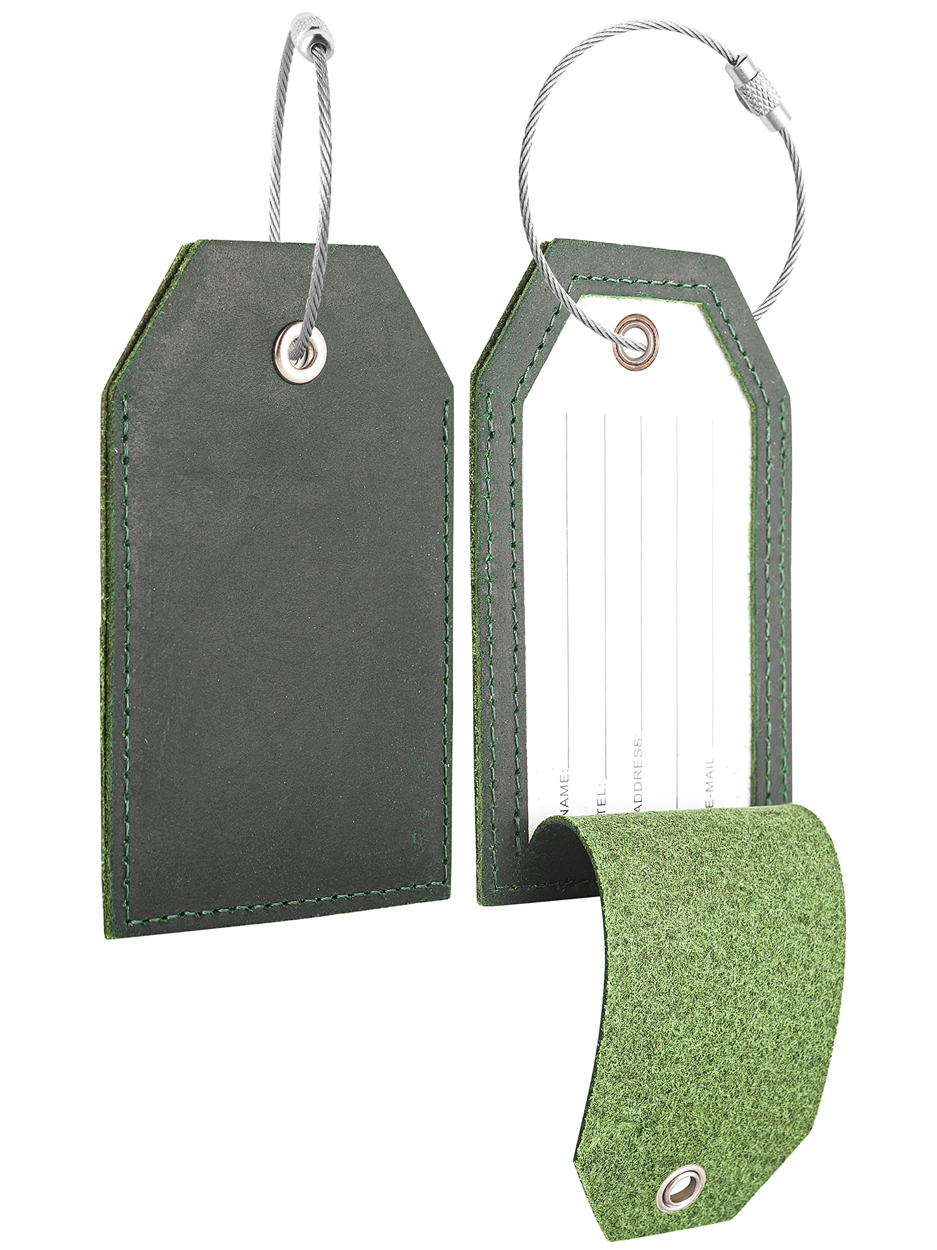Genuine Leather Set of 2 Luggage Tag with Full Back Privacy Name ID Card Stainless Steel Loop Suitcase Labels Identifiers Baggage Tags Luggage for Women Men Travel (Green)