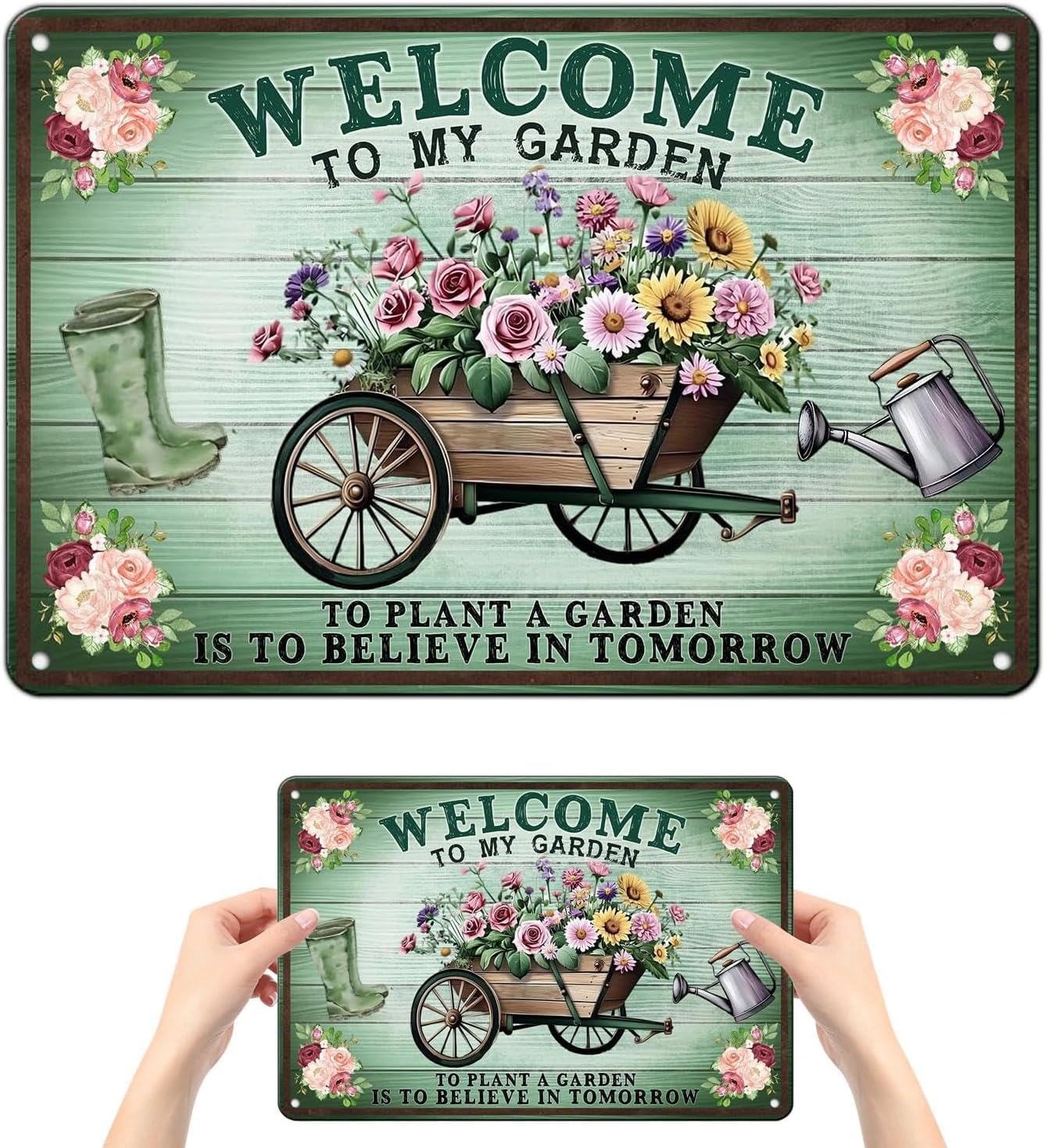 Vintage Metal Garden Sign, Iron Art Hanging Plaque with Pastoral Floral Design & Heartwarming Message, Rustic Decor for Garden Fence Yard Gate Patio Wall Porch Door Indoor Outdoor