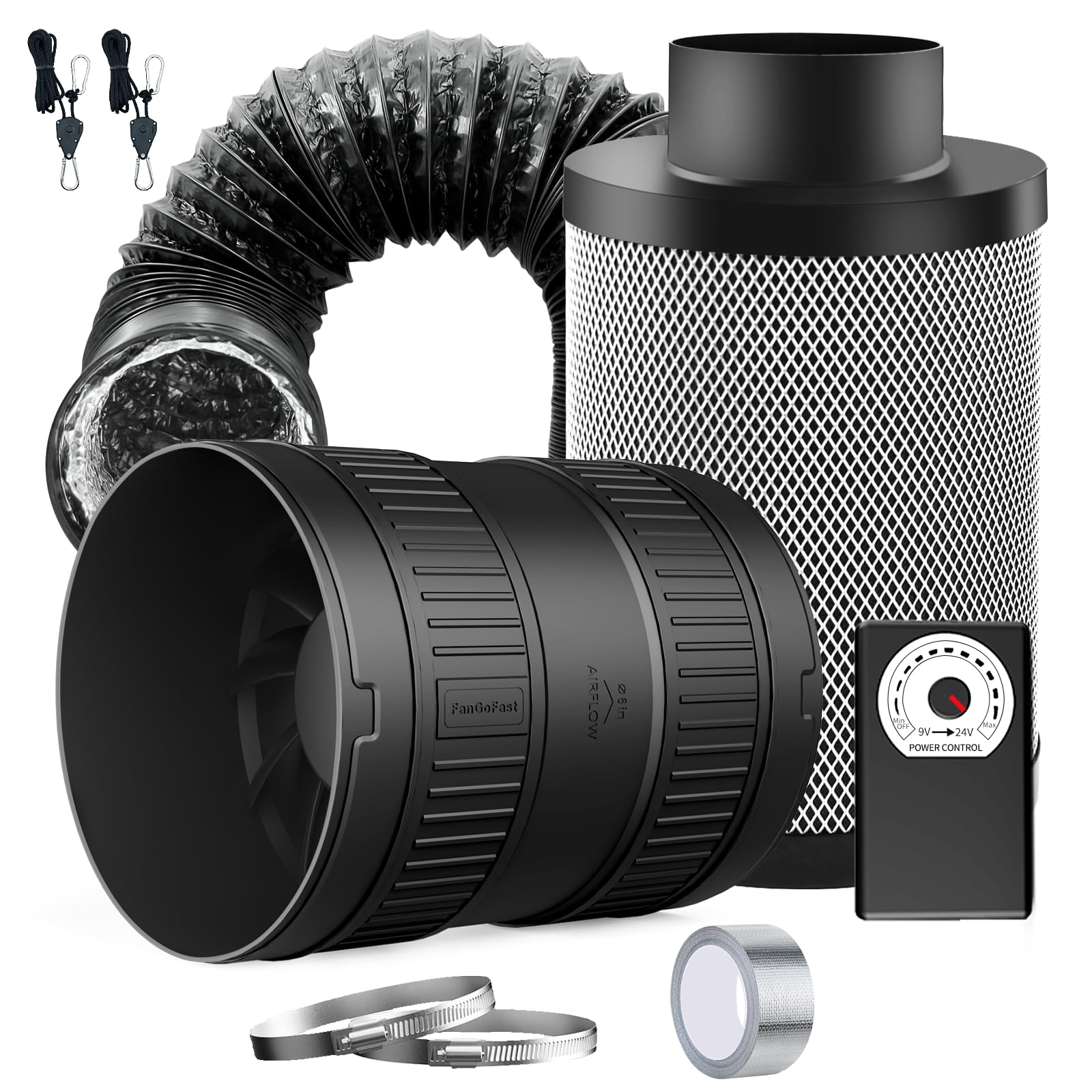 FanGoFast 150mm Inline-Rohrventilator Komplettset (587m³/h) mit Drehzahlregler, Aktivkohlefilter, Abluftschlauch und Klemmen – Belüftungssystem für Growzelt Gewächshaus‌