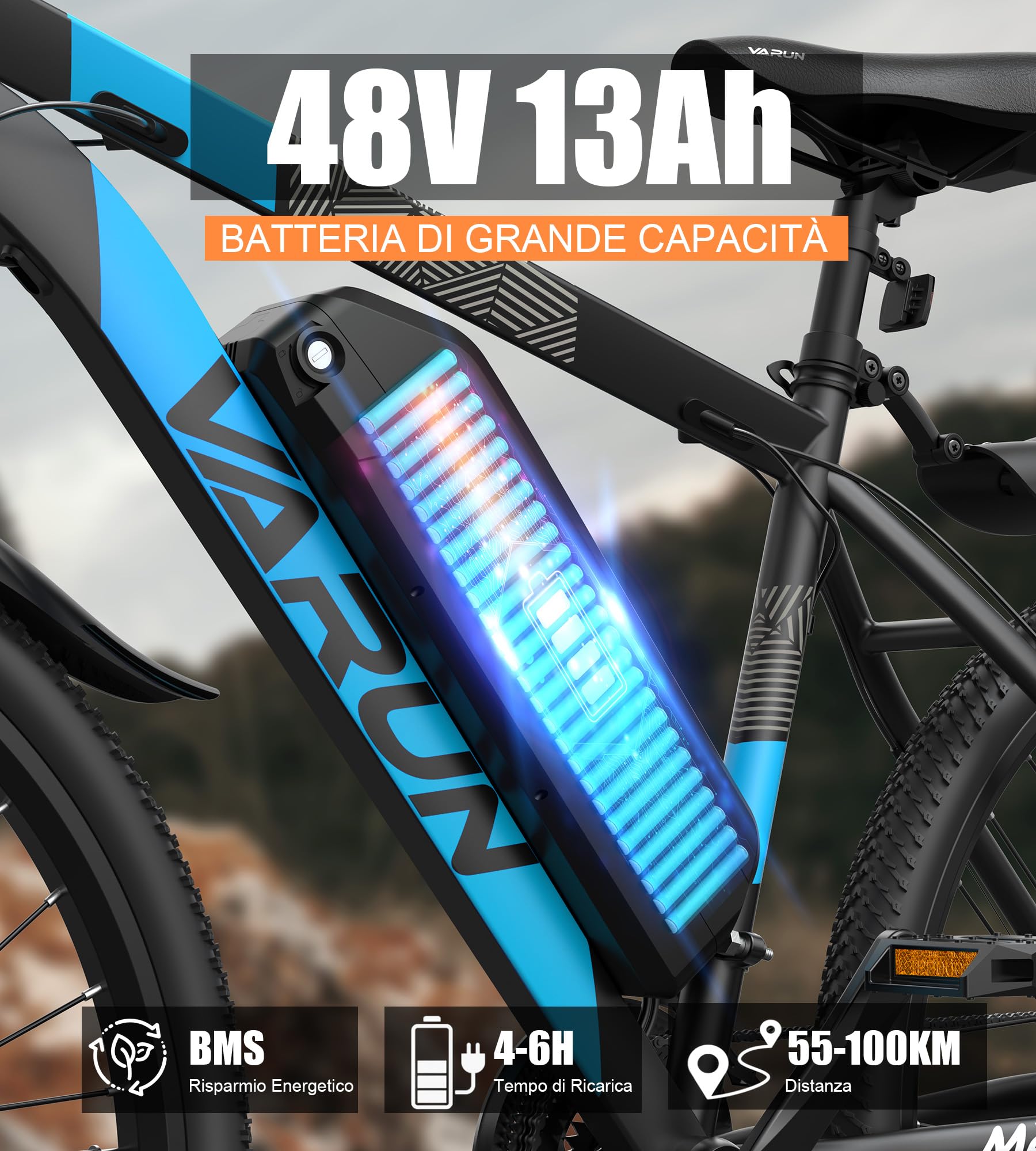 VARUN Bici Elettrica, 24‘’/26‘’/27.5‘’Mountain Bike Elettrica con Motore da 250W Batteria Staccabile da 48V 13Ah (624Wh) Autonomia Massima 100km Cambio a 21 Velocità