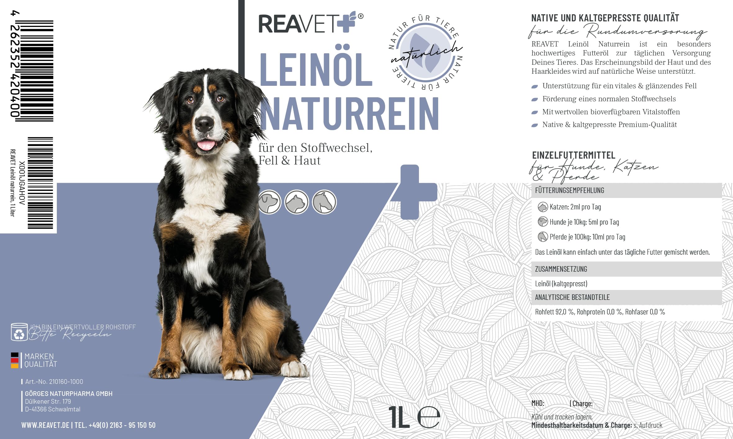 ReaVET Huile de lin pour chevaux et chiens,1 l,pressée à froid,Pure naturelle de qualité supérieure,Soutient la peau et le pelage + métabolisme,Huile de lin pour chien et chat,Sans additifs