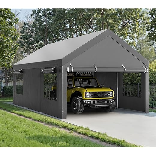 Walsunny Carport, 12x20 ft Heavy Duty Carport Canopy with Roll-up Windows, Portable Garage with Removable Sidewalls & Doors, Car Canopy with All-Season Tarp for Car, Truck, Boat
