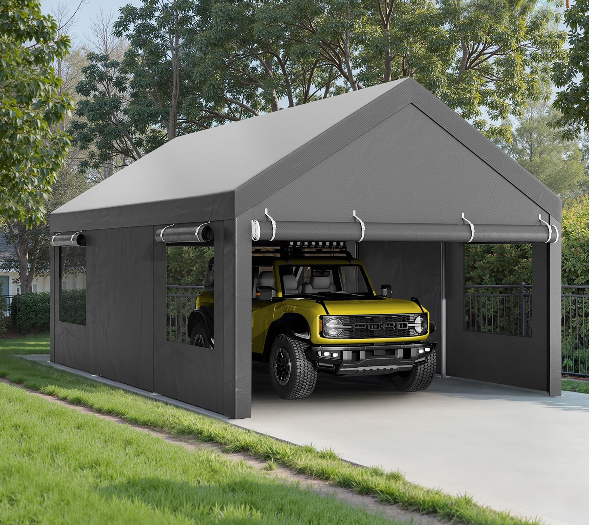 Walsunny Carport, 12x20 ft Heavy Duty Carport Canopy with Roll-up Windows, Portable Garage with Removable Sidewalls & Doors, Car Canopy with All-Season Tarp for Car, Truck, Boat