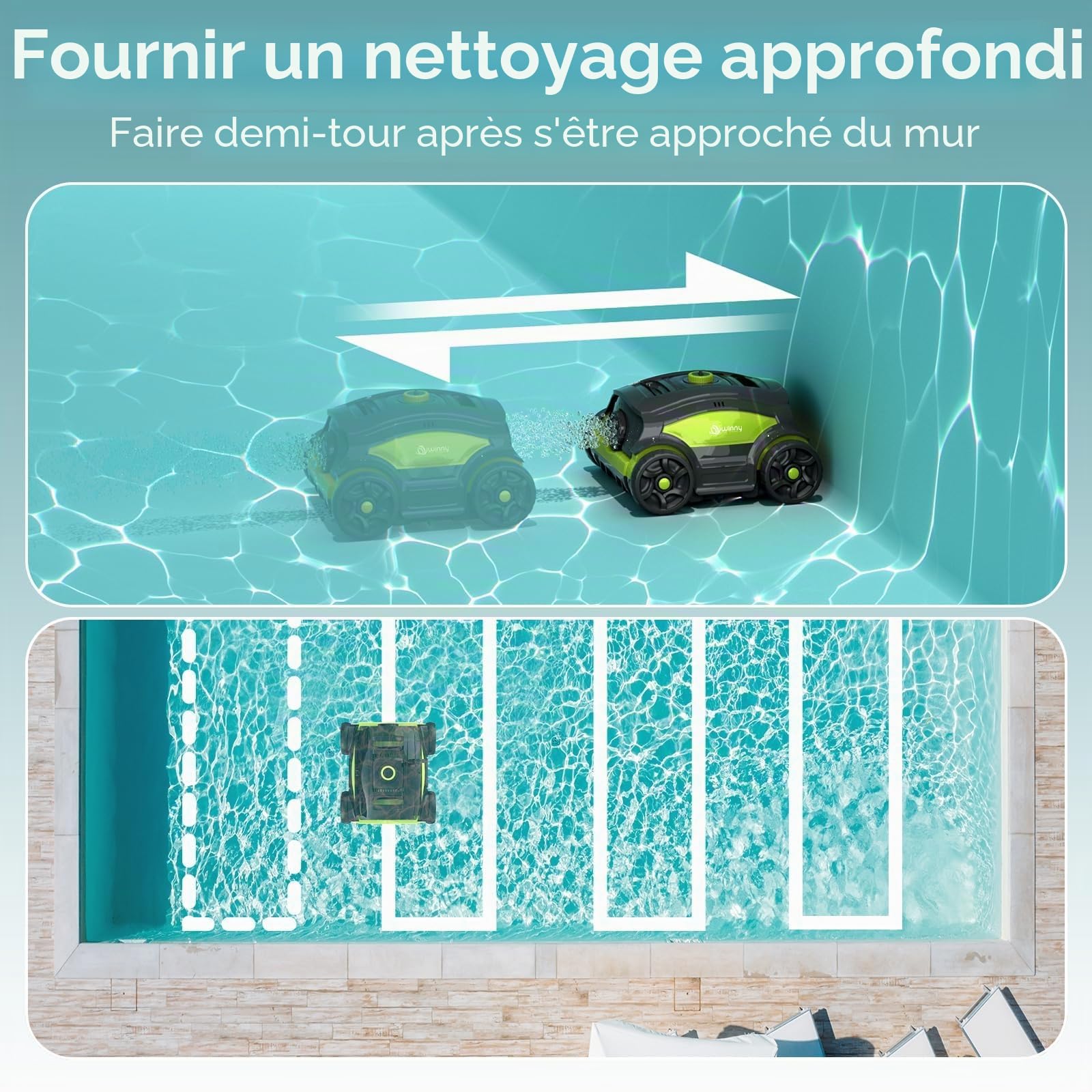 WINNY POOL CLEANER Winny 300II Robot Piscine, Aspirateur Piscine sans Fil avec Batterie,120 Min,LED,Stationnement Automatique,Nettoyeur de Piscine pour Piscine Hors-Sol 100m²-Noir Vert