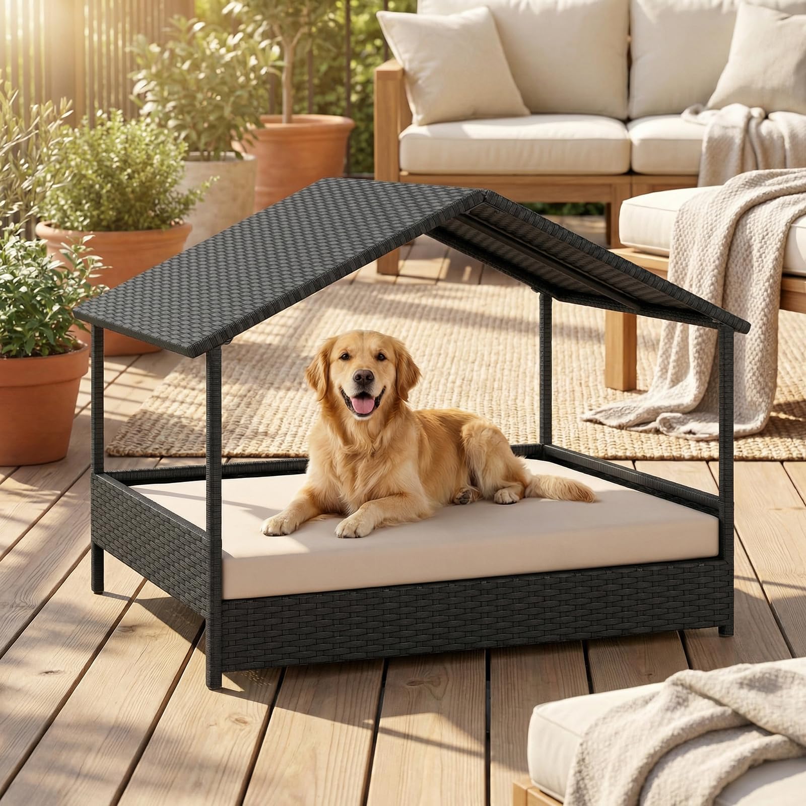 GYMAX Lit pour Chien Surélevé Extérieur avec Coussin, Panier pour Chien en Rotin PE avec Toit en Pente, Cadre en Métal Robuste, Bonne Ventilation, Abri Chiot 98 x 68 x 74 cm (Beige)